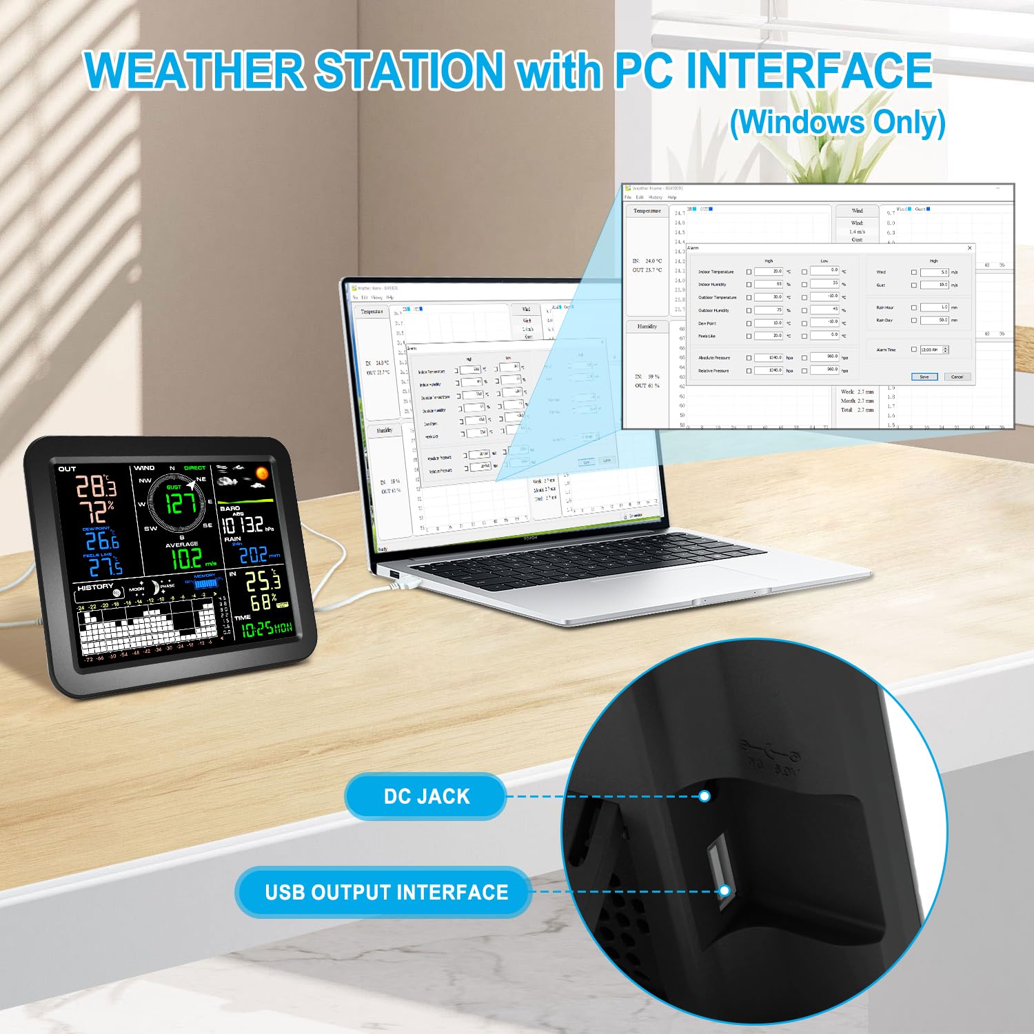 Urageuxy Profesional Estación Meteo Equipada Con Aplicación De Software PC, Incluye Pluvimetro, Anemómetro, Girouette, Barómetro, Previsión del Tiempo y Alertas (solo Windows)