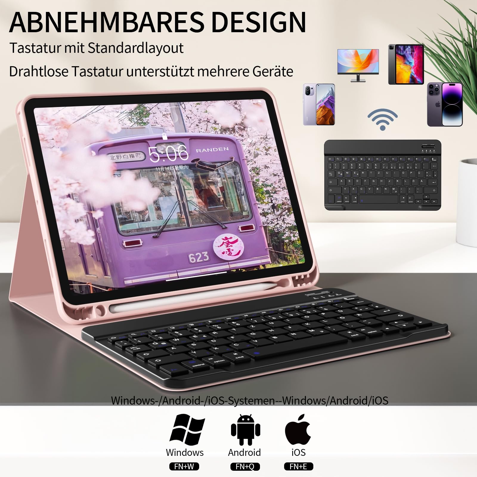 Etui z klawiaturą do iPad Air 11" 2024/2025 (M2/M3), do iPad Air 5./4. generacji 2022/2020 10,9", z miękkiej TPU z uchwytem na rysik, odpinanym klawiaturą Bluetooth QWERTZ, różowe