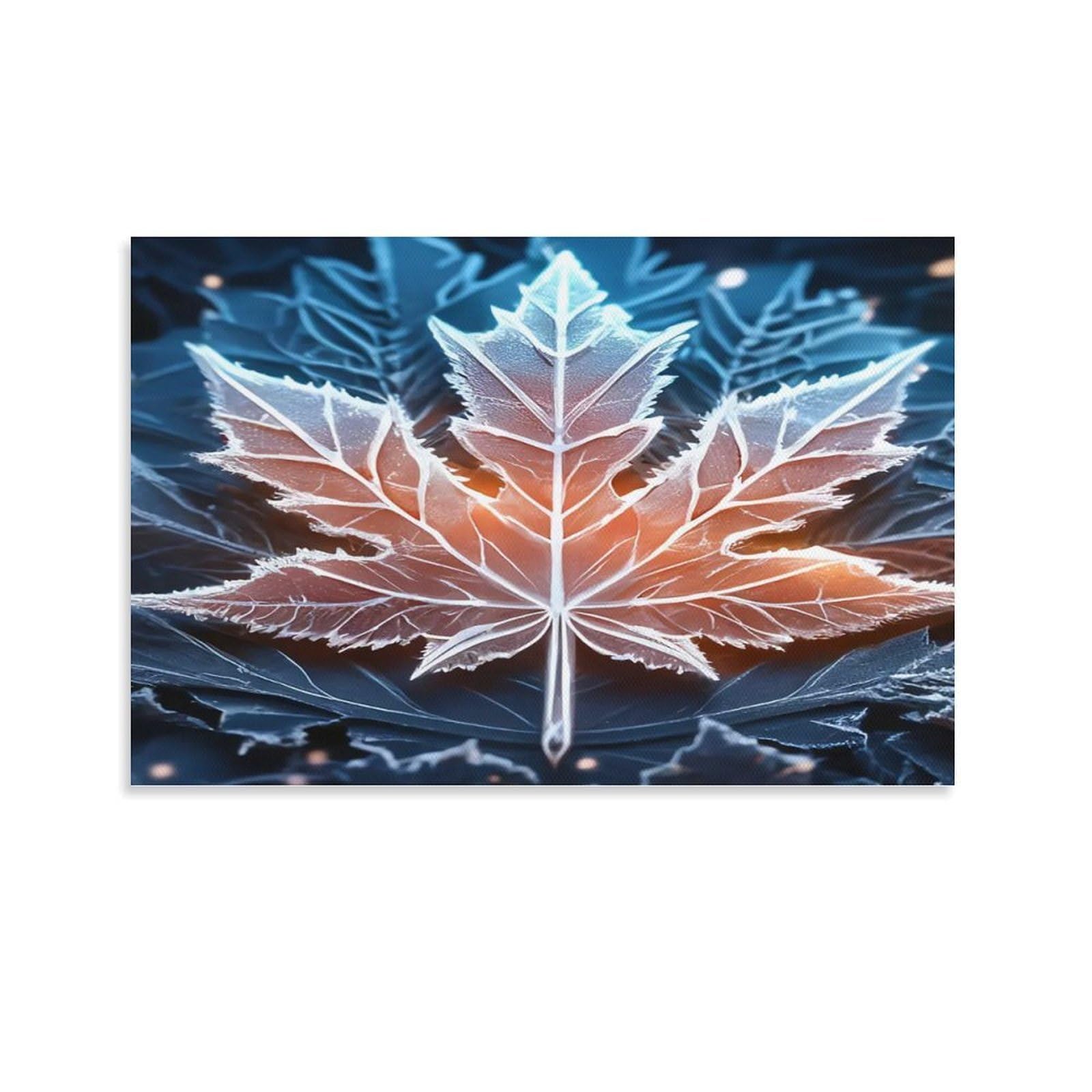 Snow-covered Maple Leaf with Winter Landscape Inside Single Piece Glowing Translucent Icy Maple Leaf Art Canvas Wall Hanging - Kitchen Removable Wall Art Focal Point Ready to Hang 12x18inch(30x45cm)