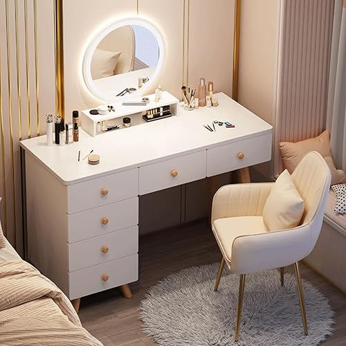 Escritorio de maquillaje con espejo y luces, pequeña mesa de maquillaje para dormitorio con mucho almacenamiento, 3 brillo ajustable, tocador para