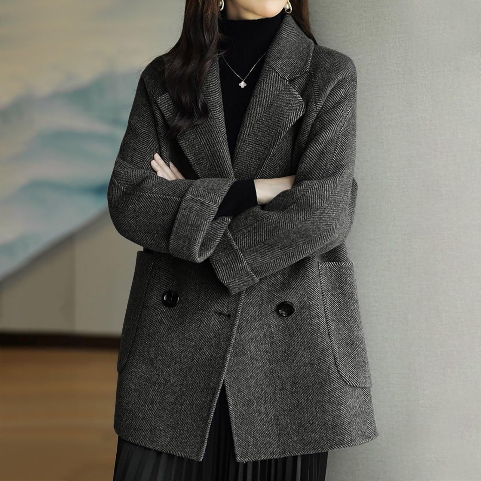 Trench Donna il Motivo a Spina di Pesce alla Moda È un Cappotto di Lana Ampio e Sottile, Piccolo e Versatile Outdoor