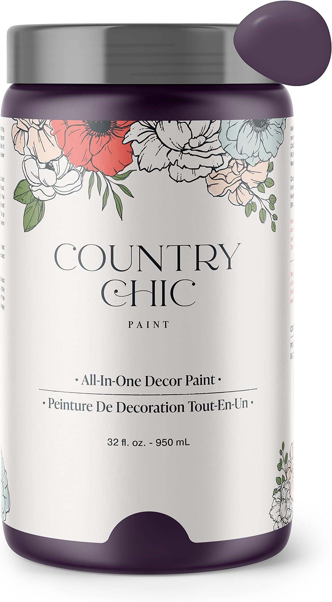 Country Chic All-in-One Chalk Paint for Furniture, Cabinets, Home Decor, Eco-Friendly, Matte Finish, Built-In Primer & Top Coat for Wood, Metal - Opulence (Purple) - Quart 32 oz (950 ml)