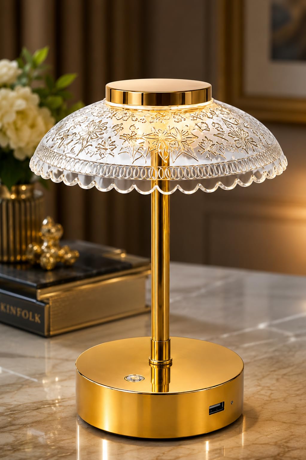 Kiesh Crystal Glass Rechargeable Table Lamp with Touch Control, 3 Brightness Levels, USB Charging, Gold Finish Bedside Lamp for Bedroom, Living Room, Study Table, Cafe Decor, Home Office Light-image-21