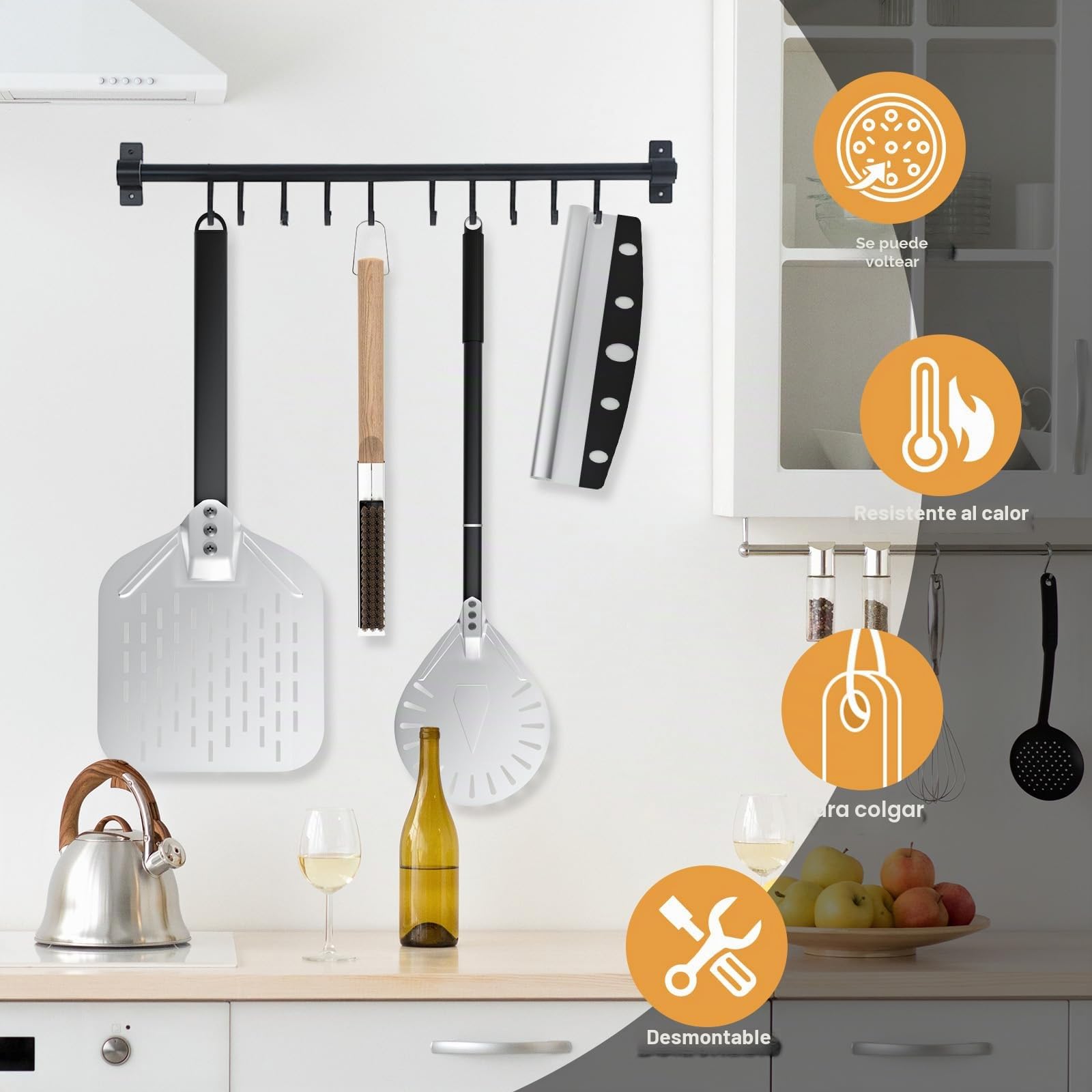 Juego de 4 Utensilios para Pizza, Pala para Pizza Perforada de 30 cm, Pala de Pizza de Aluminio de 23 cm, Cortador de Pizza Profesional y Cepillo para Horno de Pizza