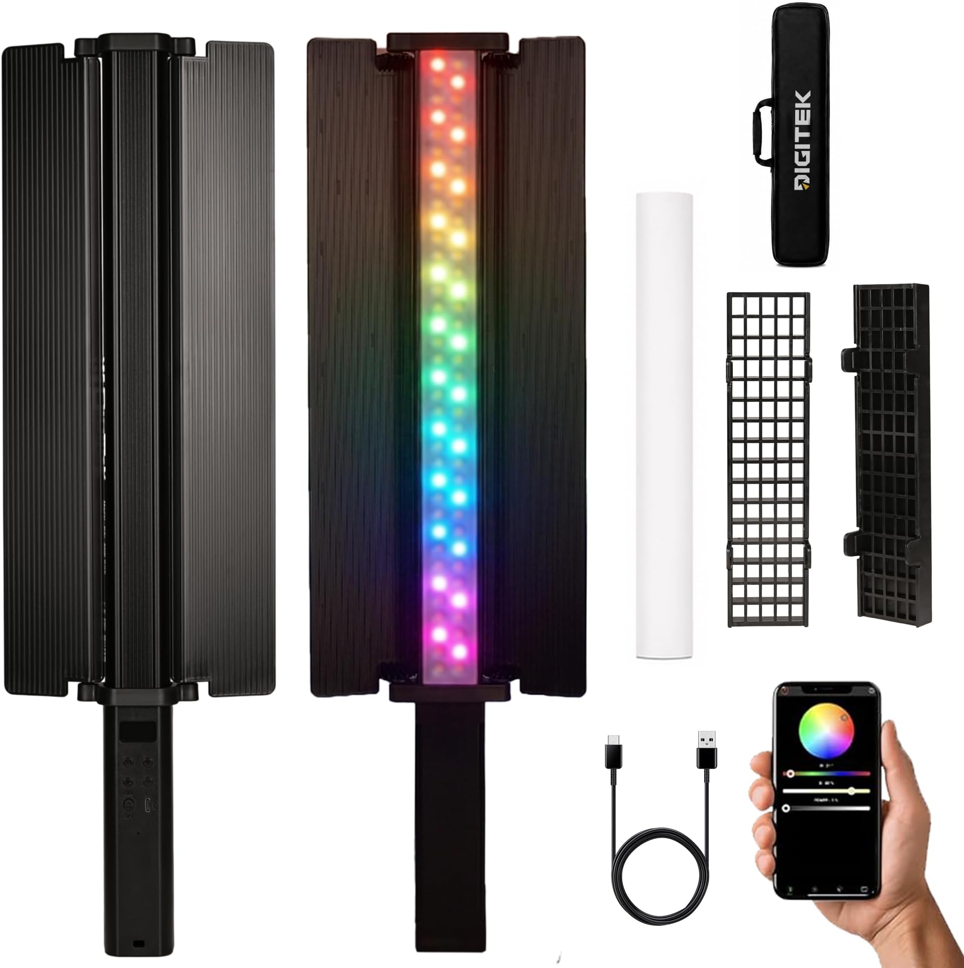 DIGITEK 30W RGB LED Stick Light for Photography, Adjustable 2500K to 9900K Color Temperature, 5200mAh Built in Battery, Includes Grid, Diffuser and BarnDoor, Ideal for Content Creators, Vlogging