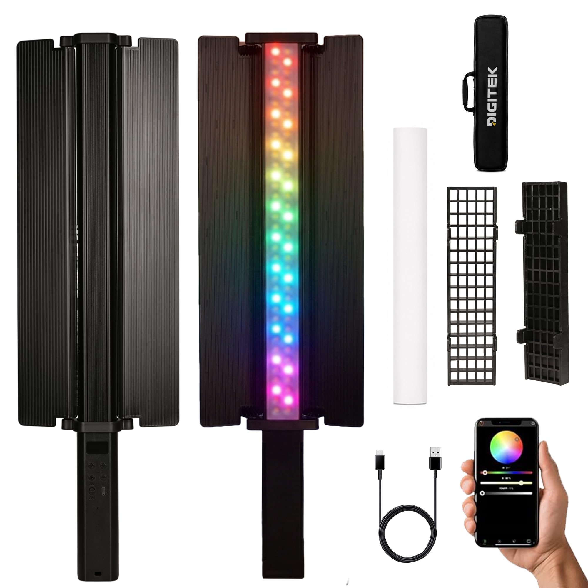 DIGITEK® (DSL-30W RGB) Stick Light Portable Handheld RGB LED Light Wand with Grid, Diffuser & Barn Door Comes with a 5200mAh Built in Battery Pack