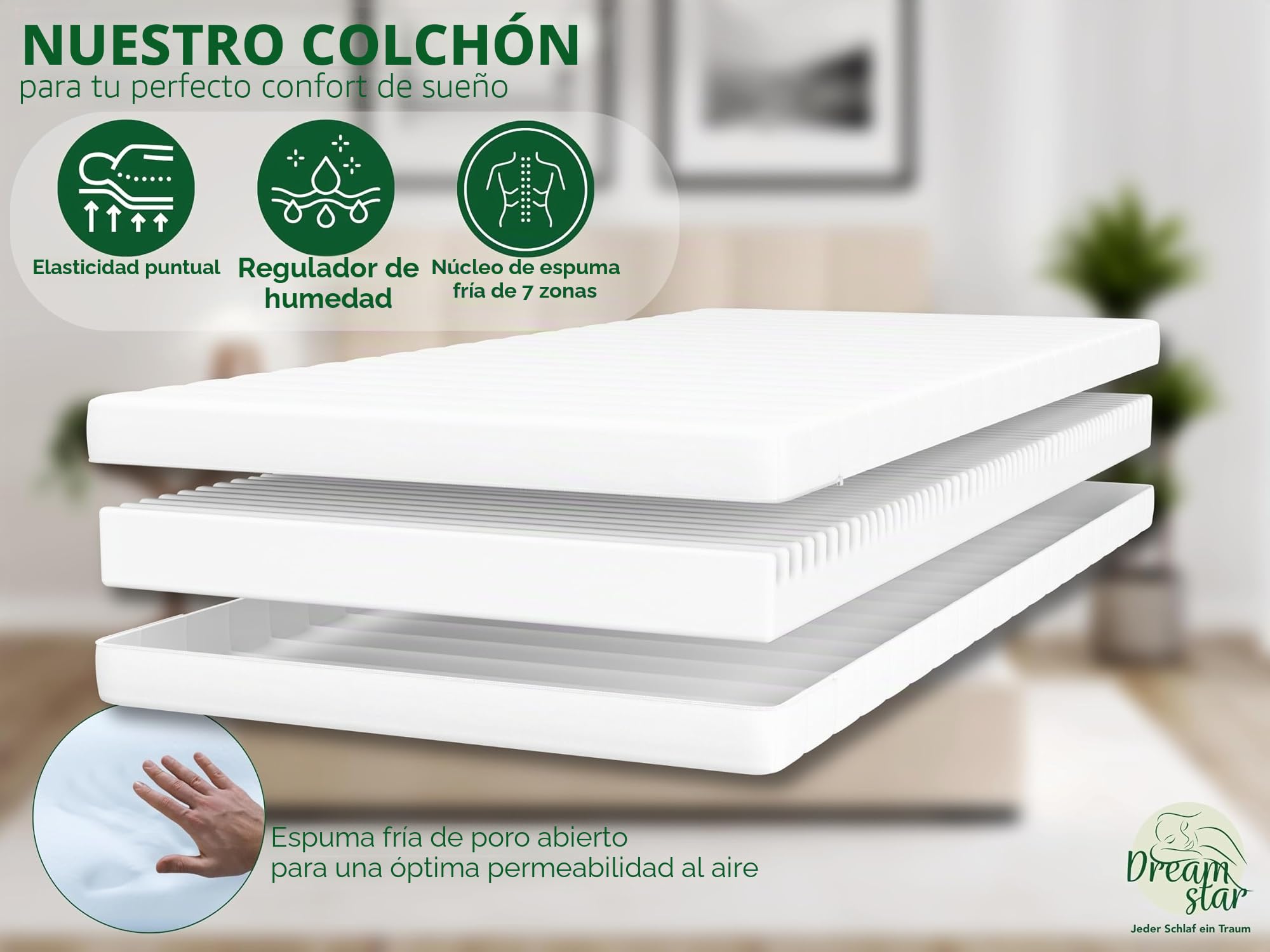 DREAMSTAR Simple Flex Duo - Colchón de 7 zonas, ergonómico, espuma fría, certificado Öko-TEX, H2 y H3, hipoalergénico y antibacteriano, 12 cm