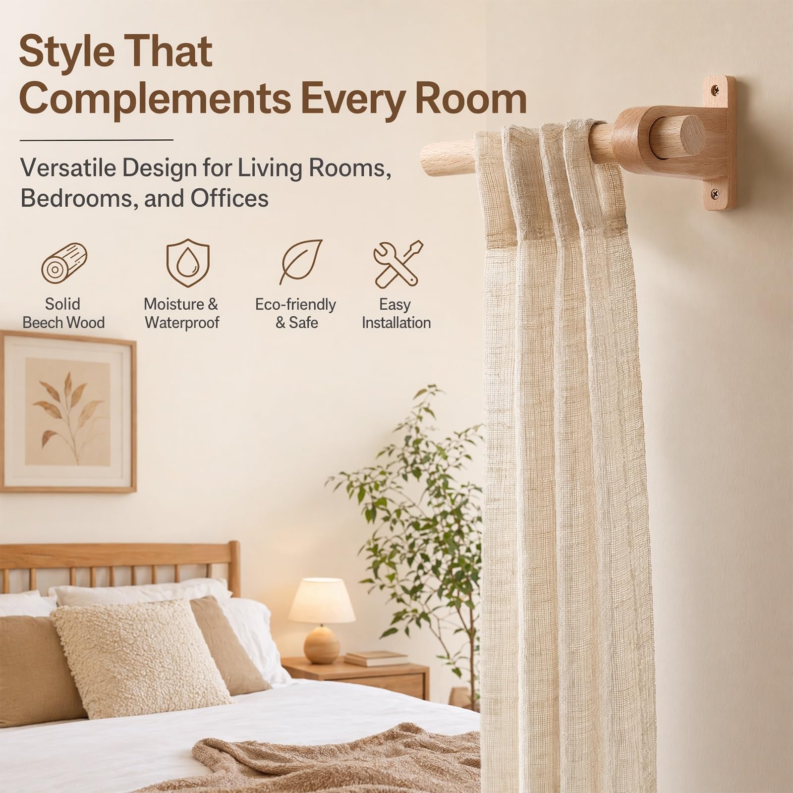 Naturel Tringle Rideau Bois, Tringle Rideau, Diamètre 25 mm, Hêtre Barre de Rideau, Facile à Installer Tringle à Rideaux pour Installation Murale et Plafond(Natural,360cm (3 brackets))