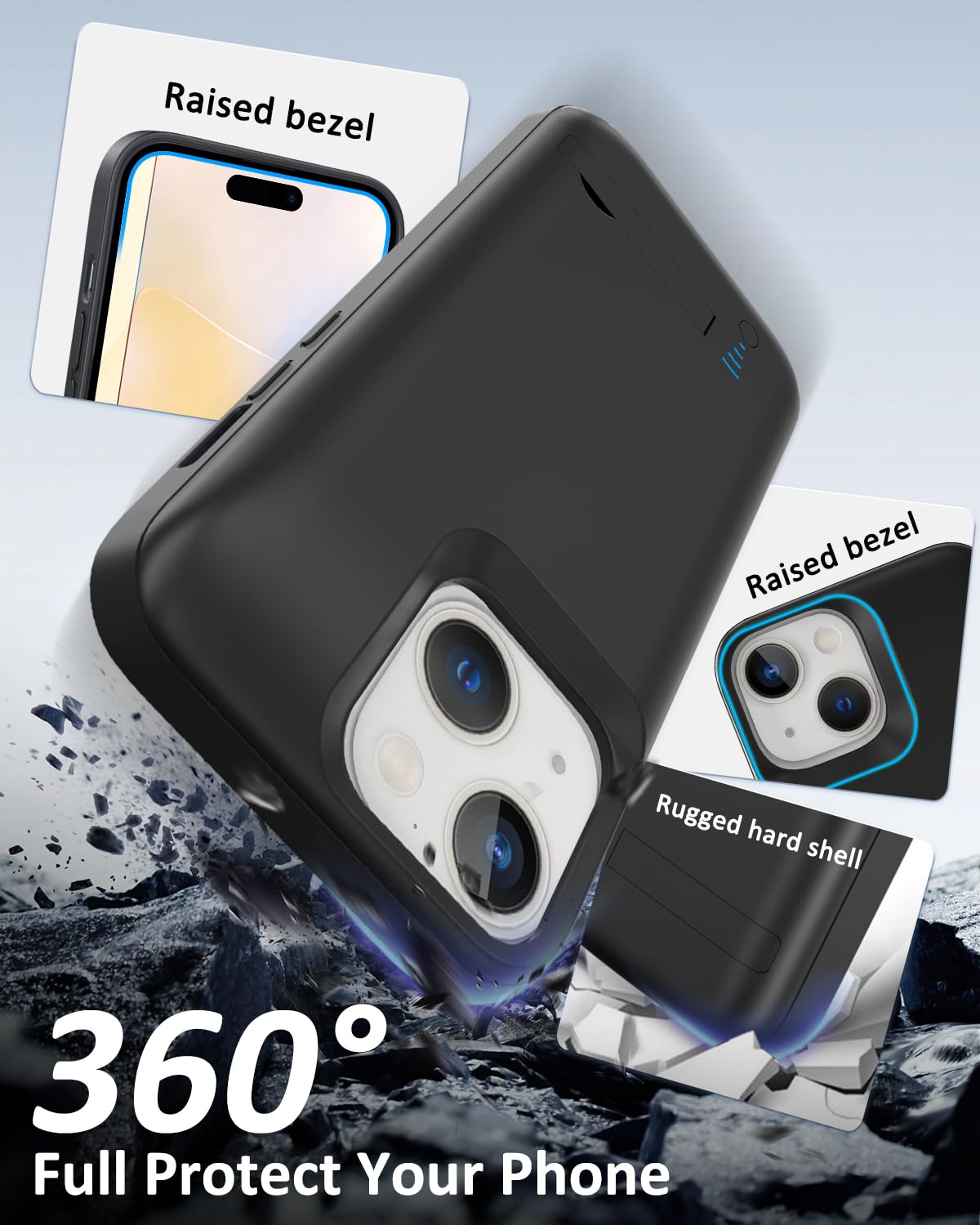 Akkuhülle für iPhone 14/13, 8500 mAh, wiederaufladbar, erweitertes Schnellladegerät, tragbare schützende Powerbank-Akku-Backup für iPhone 13/14 (6,1 Zoll), Schwarz