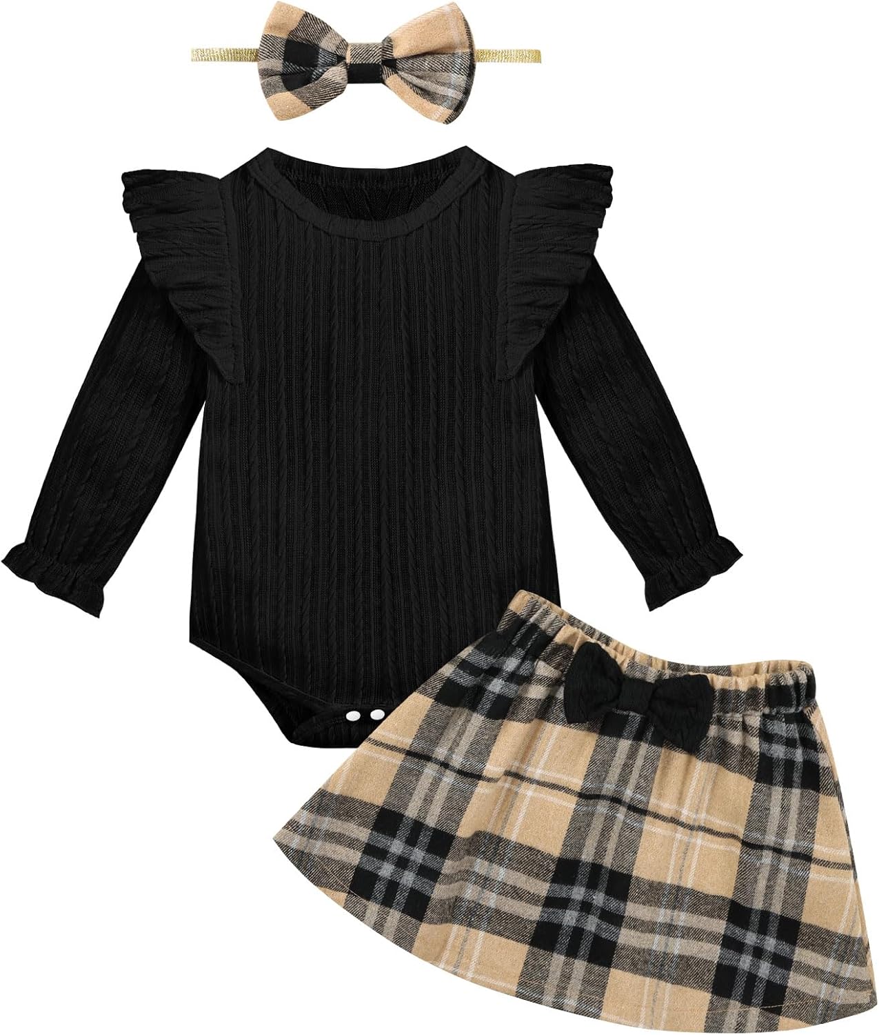 Weixinbuy Baby Girls Fall Outfits 3-Piece Set Long Sleeve Romper & Plaid Skirt Headband Soft Snap Closure 0-18M
