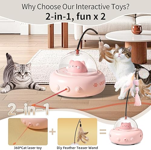 Miniatura 2 de Juguetes láser para gatos de interior, juguetes interactivos 2 en 1 para gatos con láser y plumas, juguete láser automático recargable, para gatos