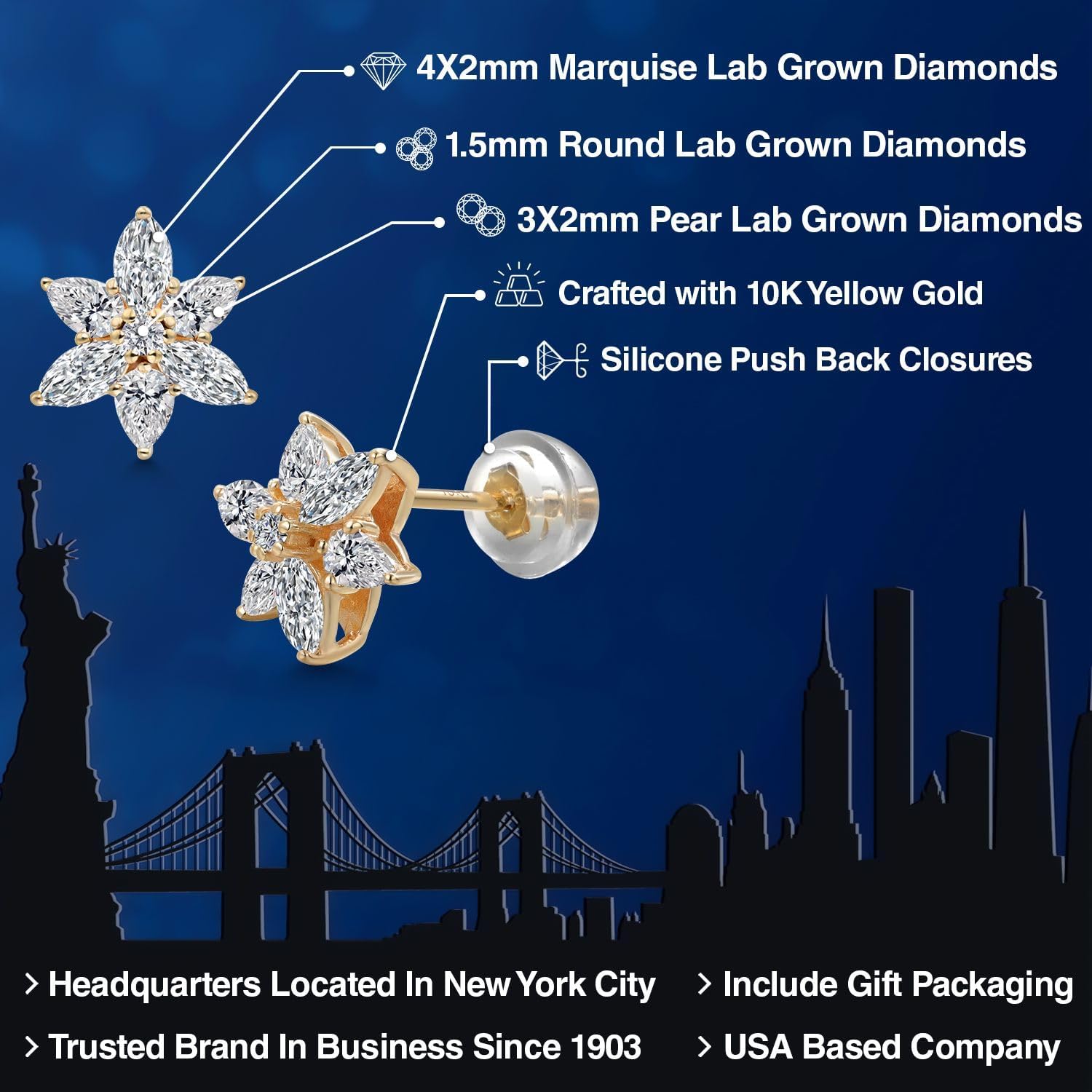 Gem Stone King 10K Yellow Gold Lab Grown Diamond Star Earrings for Women | 0.78 Cttw | Gold Earrings | Flower Earrings | DEF Color | VVS-VS Clarity | Marquise 4X2MM | Pear Shape 3X2MM | Round 1.5MM