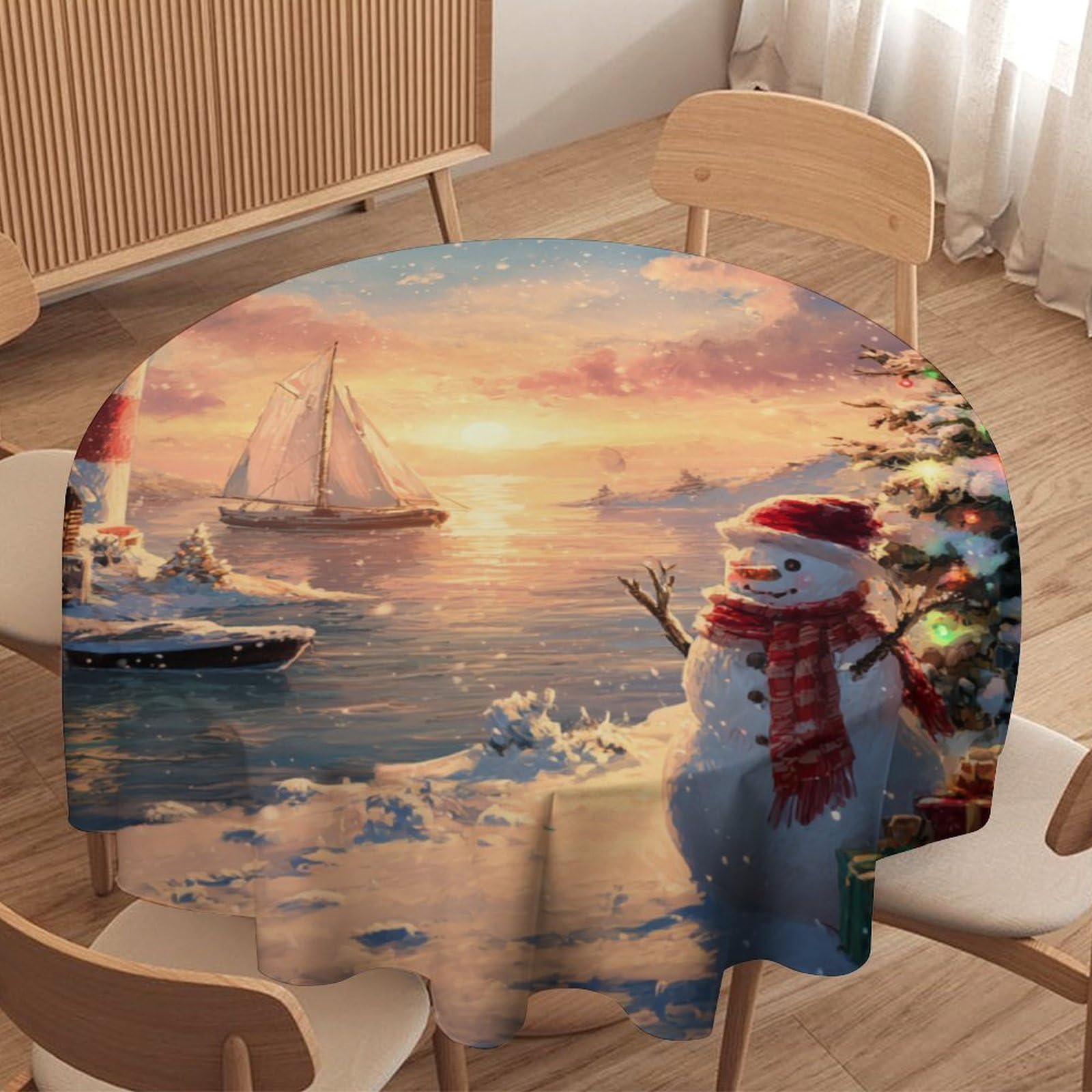 LUYYSKY Rustic Cute Christmas Snowman Round Tablecloth Vintage Colorful Nautical Seaside Lighthouse Xmas Tree Washable Decor for Table Cover for Kitchen-127 Wx127 L cm