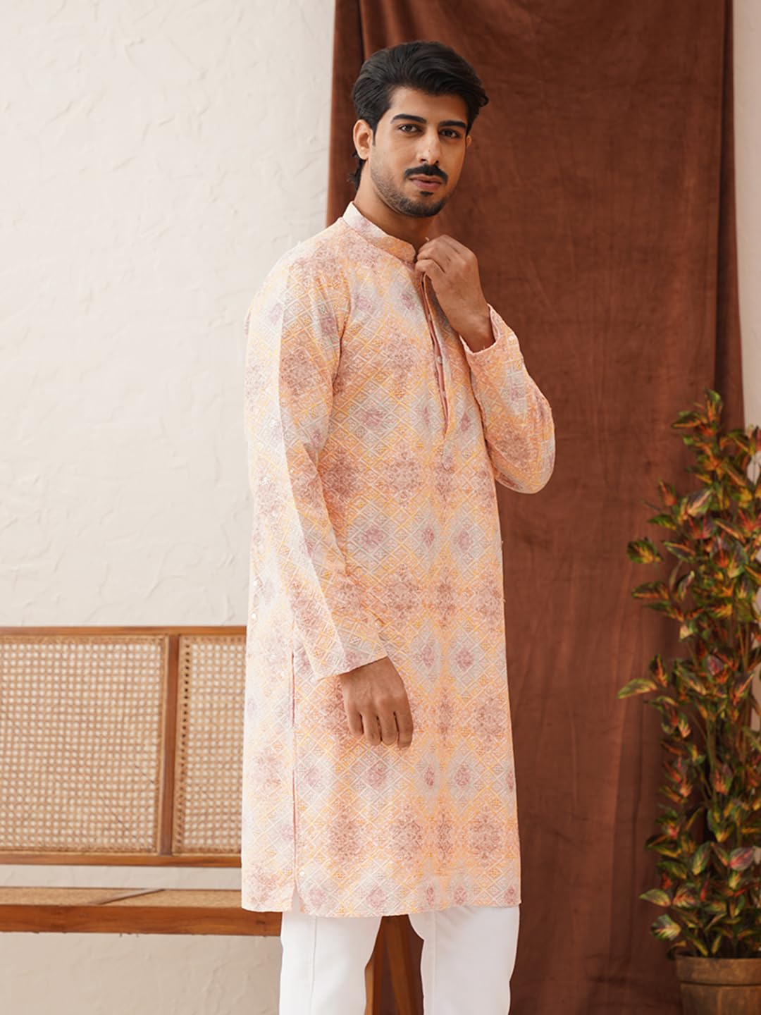 Jompers Peach Embroidered Staight Kurtas For Men (Peach, M)