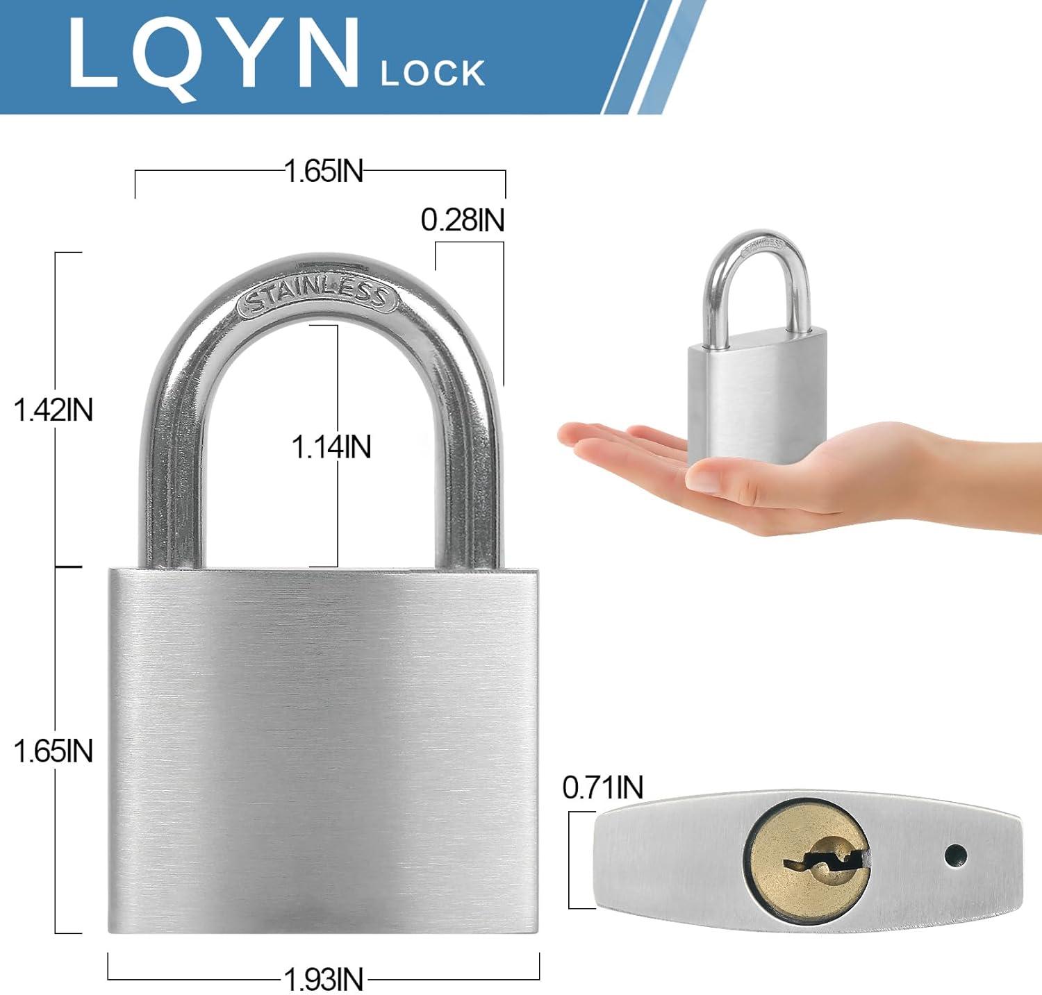 Outdoor Weatherproof Padlock, LQYN Keyed Alike 2 Pcs Stainless Heavy Duty Padlocks, 50mm/2 inch Normal Shackle, Stainless Steel Body with Brass Cylinder Lock, Padlock for Secure Storage, Gates