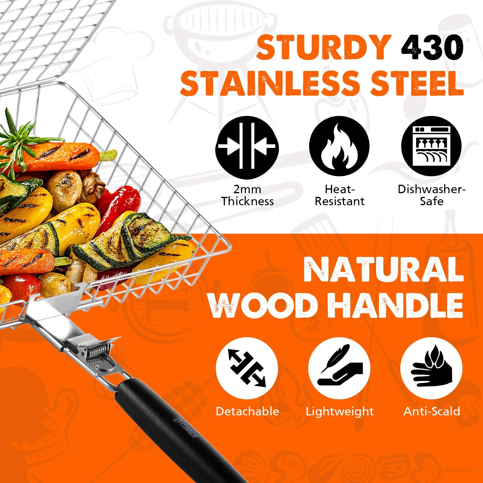 Grillkörbe für Outdoor-Grill, 2 Stück Edelstahl-Grillkörbe | Nesting Fish Grillkorb mit Zwei Gittergrößen, Grillkorb mit Holzgriff für Garnelen, Gemüse, Burger und Steaks