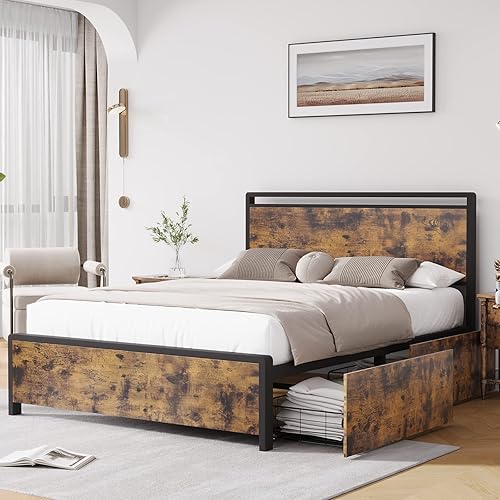Amyove Base de cama matrimonial con cabecera y 4 cajones de almacenamiento plataforma de metal con gran espacio de almacenamiento no necesita somier