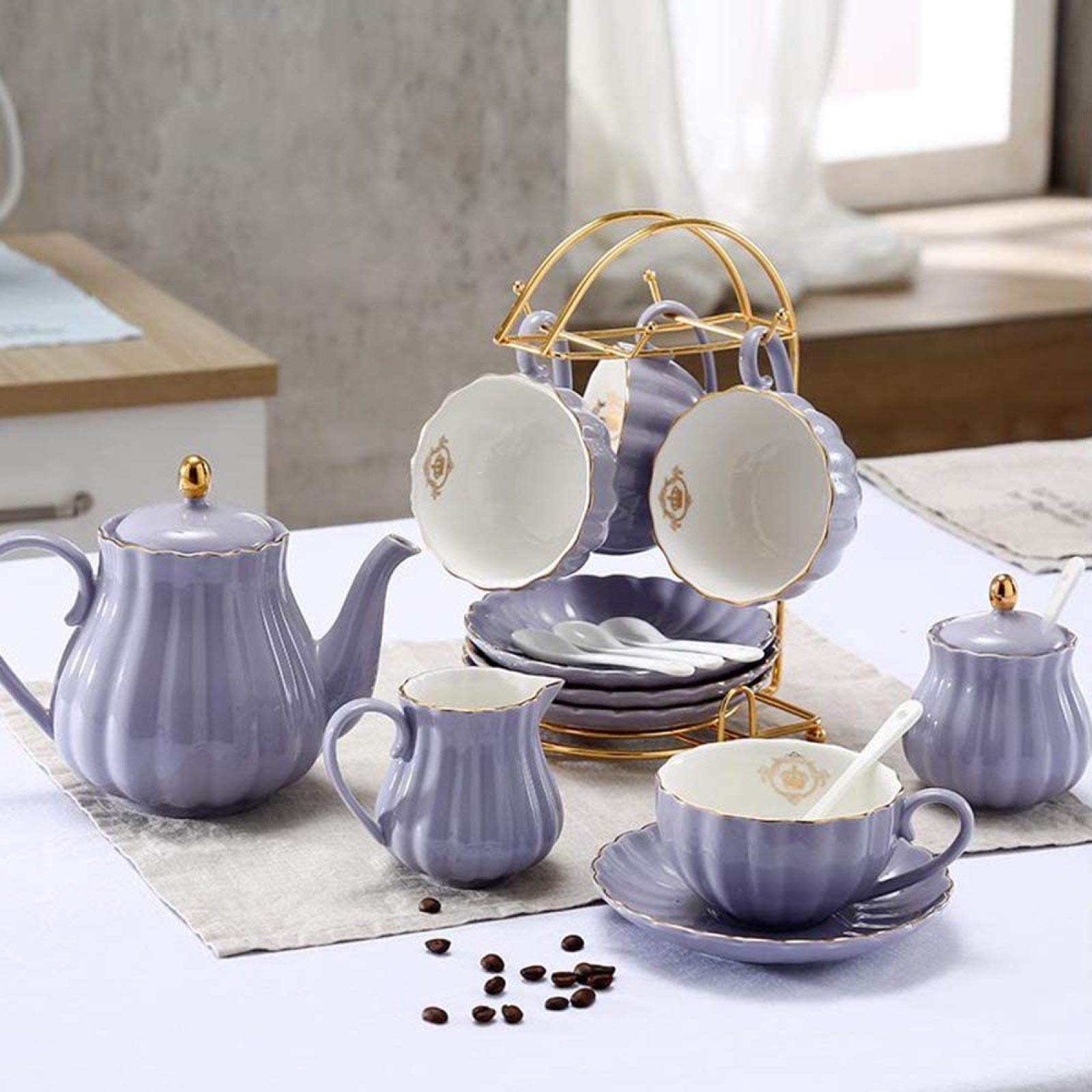 16 Pezzi Set da tè in Porcellana Set da Regalo in Ceramica per caffè E tè Serie Teiera Viola Zuccheriera E Cucchiaini,Purple