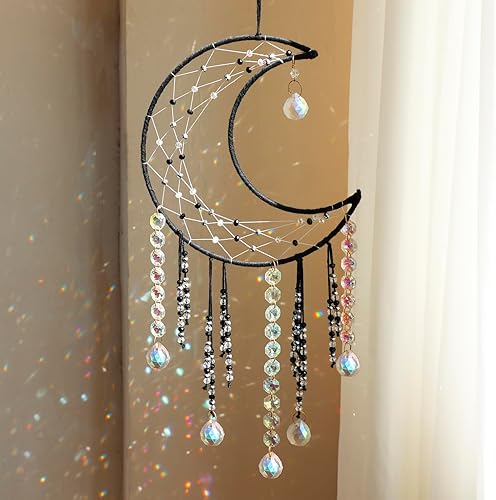 Artilady Atrapasueños de macramé Atrapasueños de luna grande con atrapasoles de cristal, macramé bohemio para colgar en la pared, atrapasueños de
