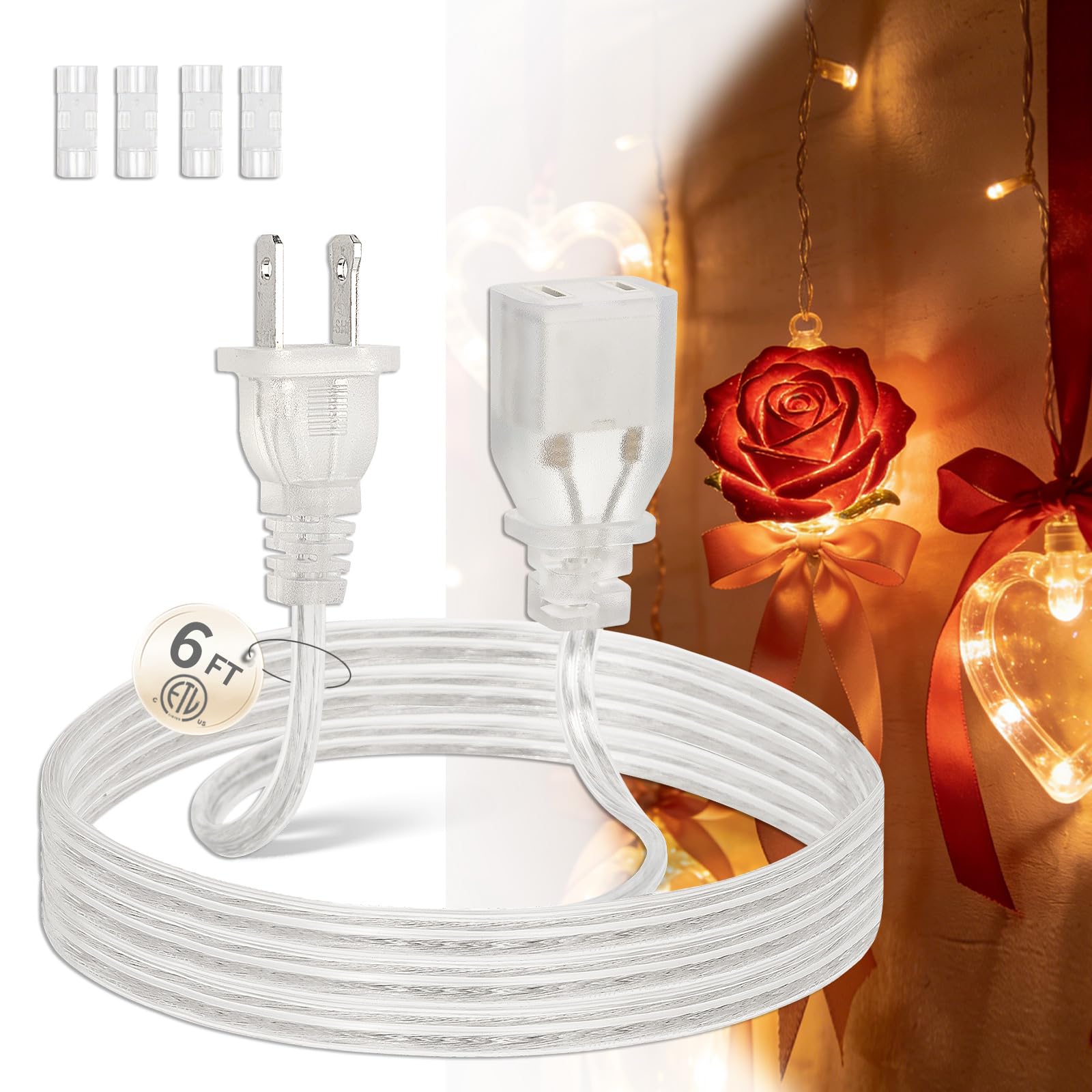 PEESIN Clear Extension Cord 6 Feet 1 Pack, Indoor Thin Extension Cords 2 Prong, UL-Certified Invisible Power Cable Male to Female for Valentine's Day