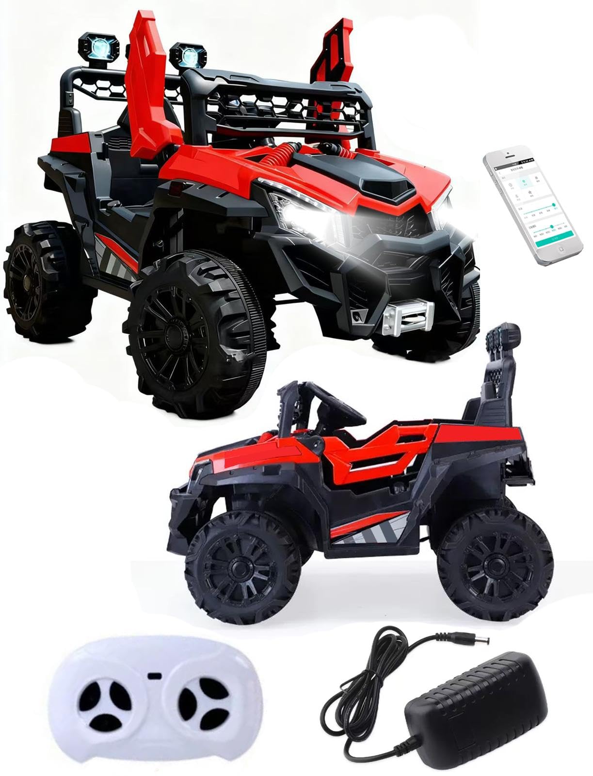 12V Kids Electric Ride On Car, 2 Seater Kids Electric Car, Electric UTV, Remote Control, LED Lights, Horn, MP3 Music, 4 Motors, 4 Wheel Suspension, USB, EVA Wheels, Bluetooth, Leather Seat