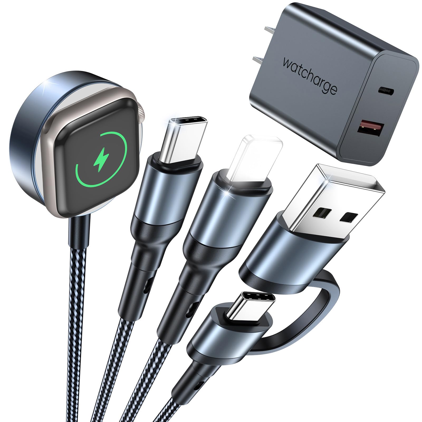 Travel Essentials 3 in 2 for Apple Watch Charger USB C/A PD20W Charger Block Fast Multi Charging Cable Compatible with iWatch Series 10/9/8/7/6/SE2/5/4/3/2 & Galaxy S23-4FT