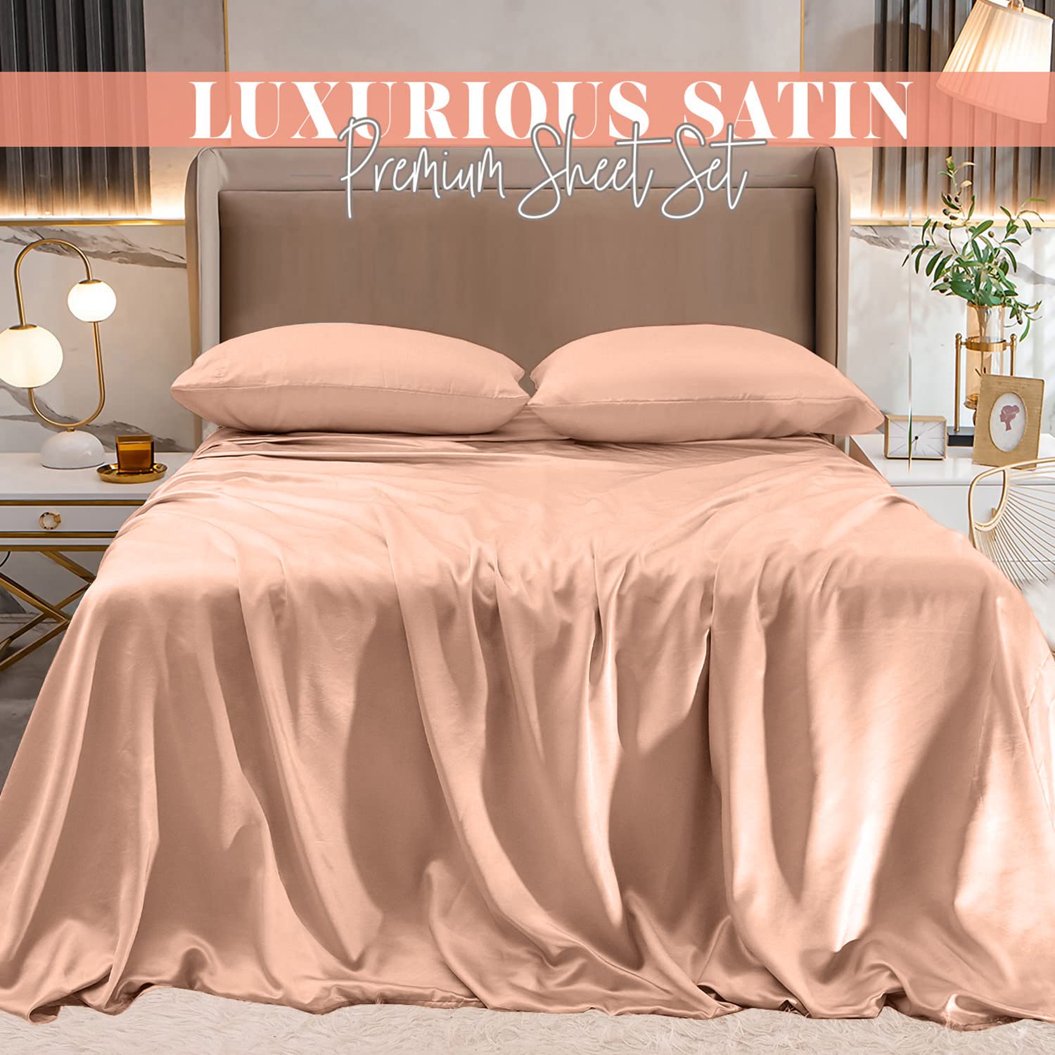 Elegant Comfort Lujoso Juego de sábanas de satén Sedoso de 4 Piezas, Agradable a la Piel y al Cabello, Resistente a Las Arrugas, la decoloración y Las Manchas, con Bolsillos Profundos, sábana Bajera