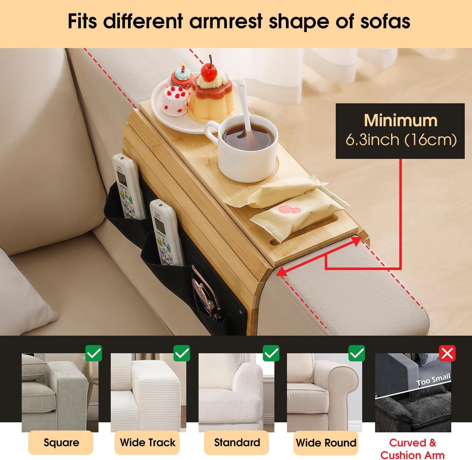 Trendy Trays Sofa Armrest Tray Bamboo with 3 Side Pockets | 22x37cm Anti-Slip Couch Armrest Table with Cup Holder, Phone Holder & Remote Organizer | Durable and Stable Arm Rest Caddy for Living Room