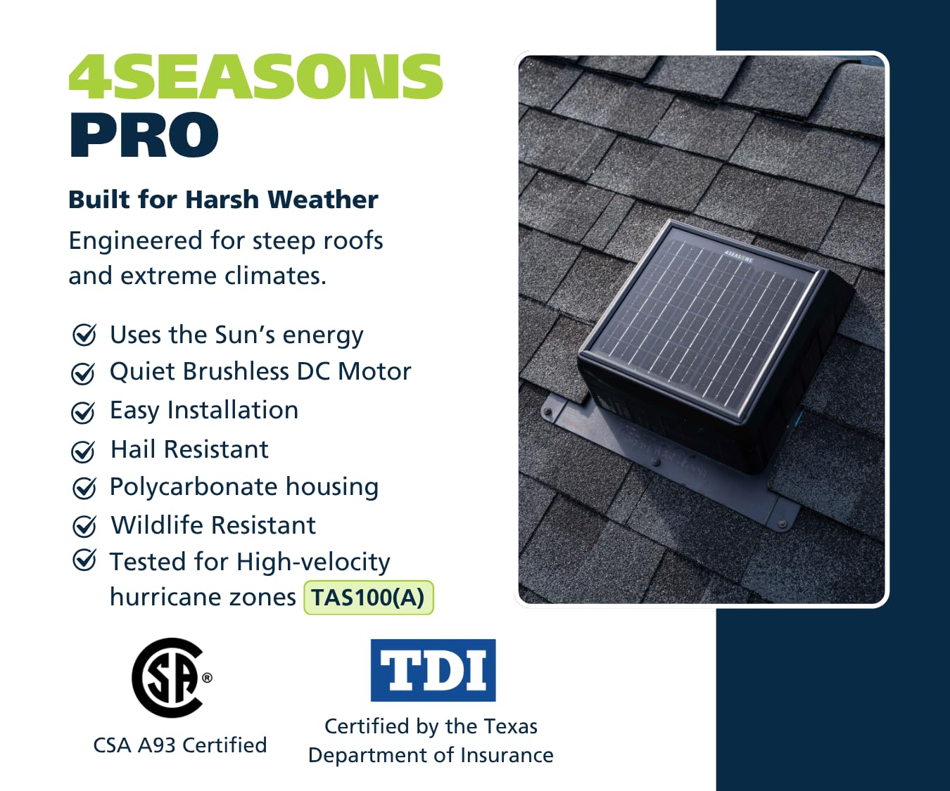 4 Seasons PRO Solar Vent, 500 m², 400 CFM, ukośna konstrukcja tylna, dodatkowa ochrona w przypadku trudnej pogody, przetestowany przez Hurricane TAS 100 (A)