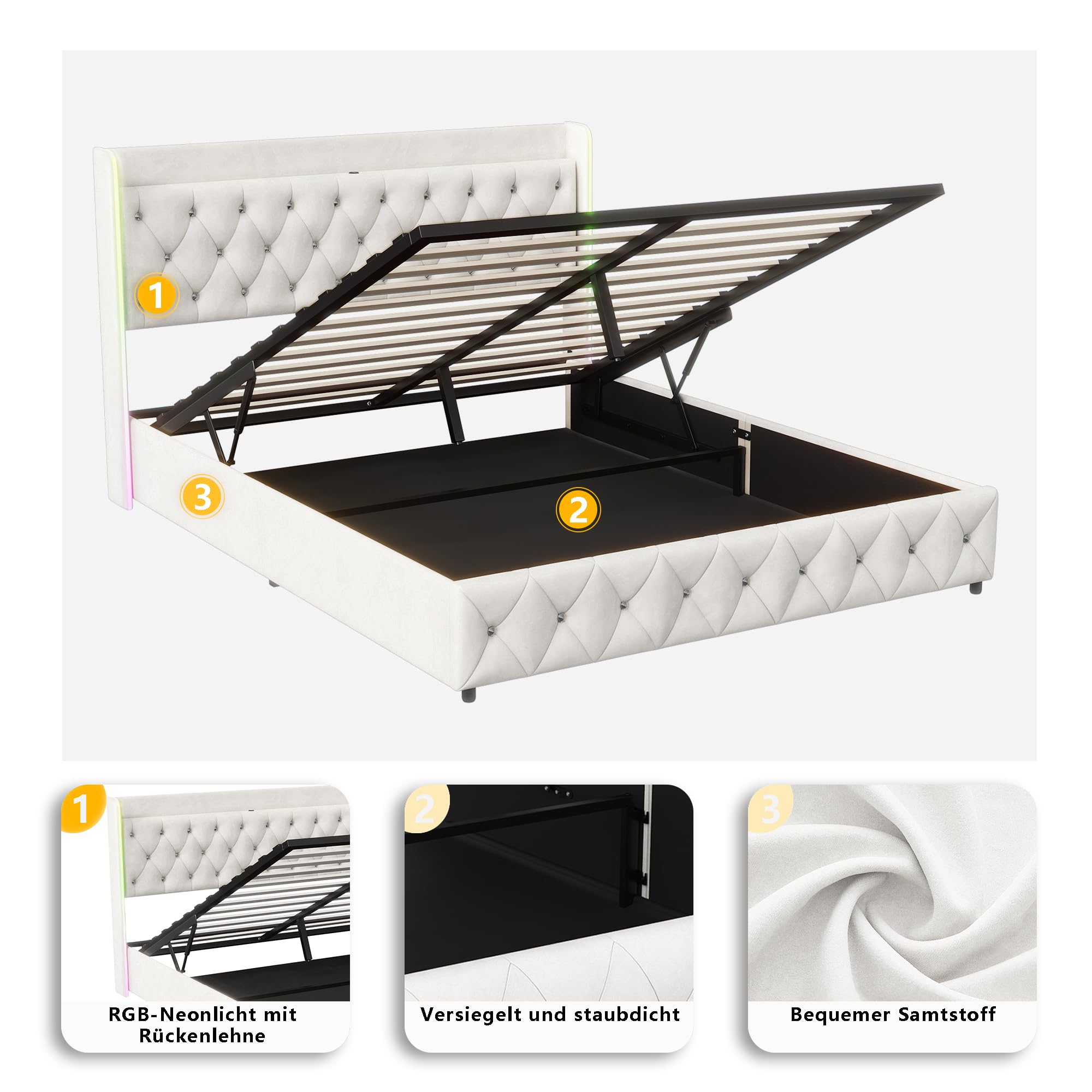 BRILVERDE Letto Imbottito 160x200 con Contenitore Idraulico, Letto Matrimoniale a LED con USB, Funzionale con testiera, Struttura Letto con Rete a doghe, in Velluto (Beige, 160 x 200 cm)