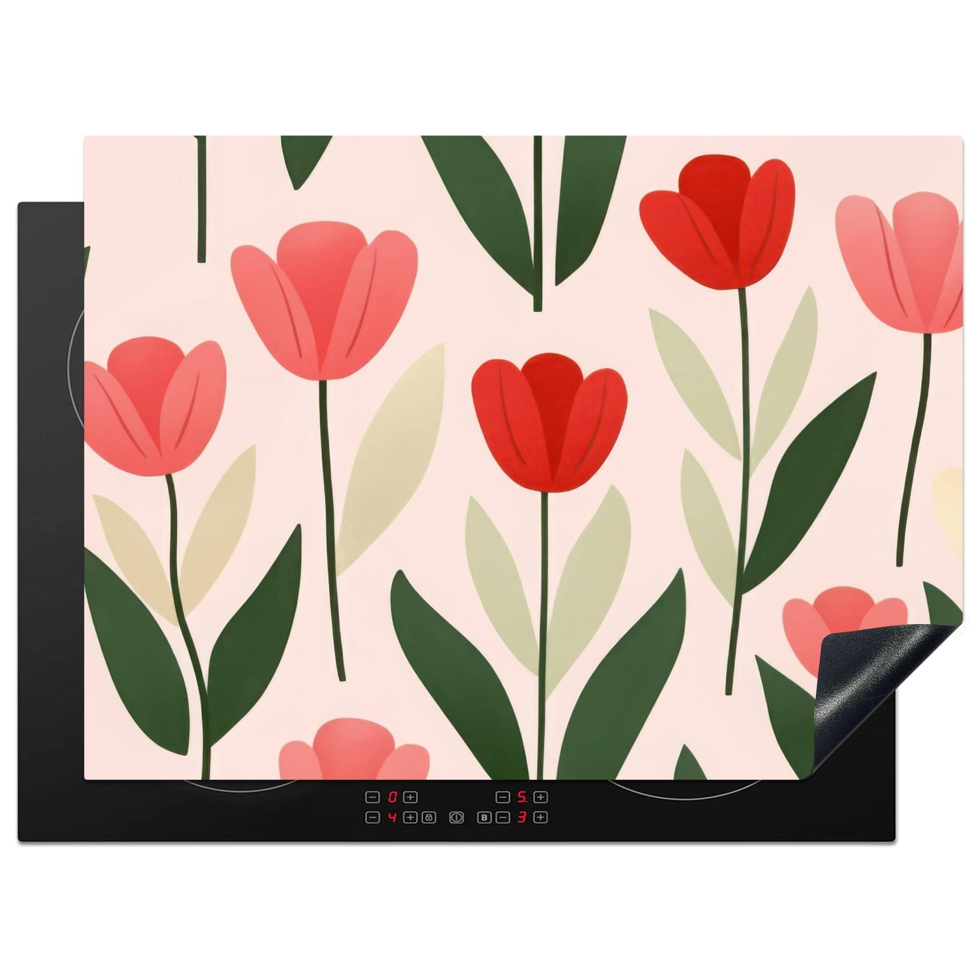 KitchenYeah© Induction Hob Protector Mat 20.5"x27.6" / 70x52 cm Stove Cap Top Cover Kitchen Cooker Covers for Electric Hobs Vinyl Tulips - Modern - Pink