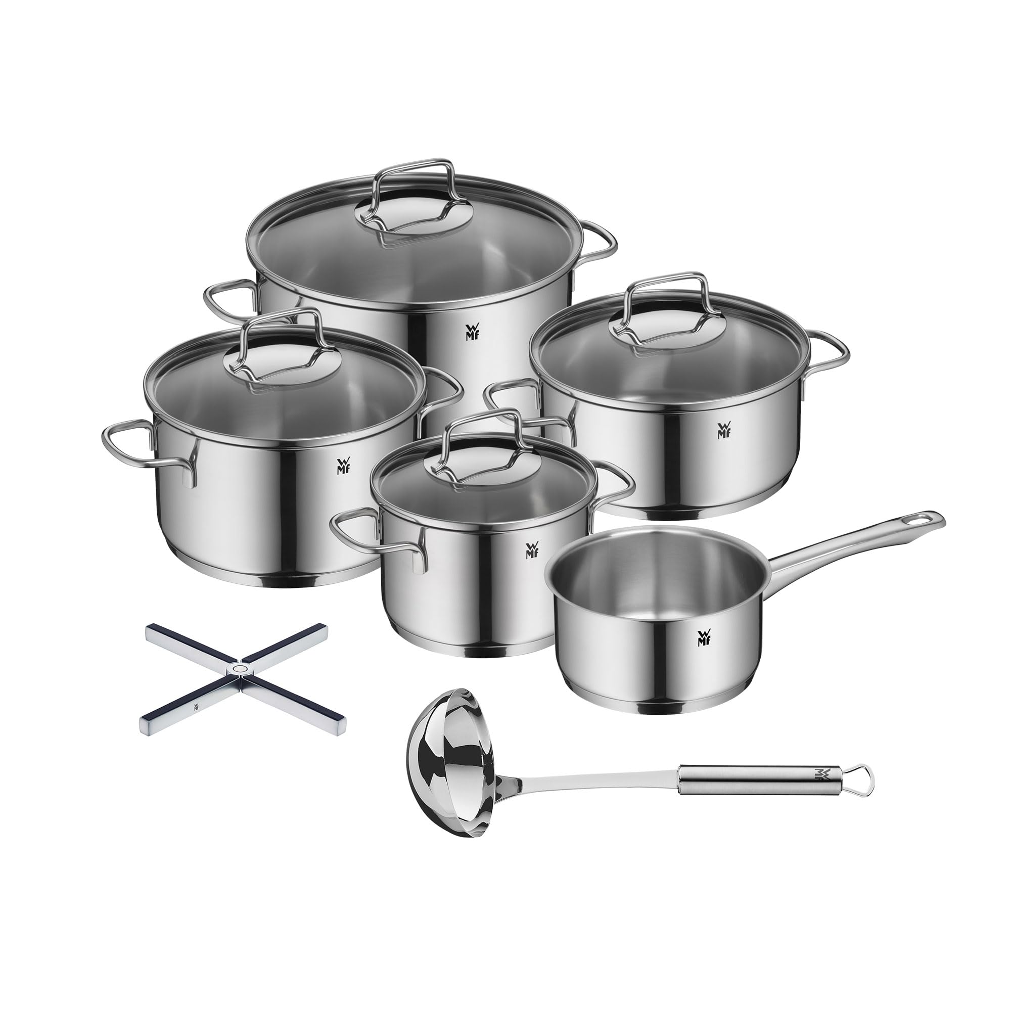 WMF Set 3-teilig Astoria Vorteils Topfset Induktion 5-teilig mit Glasdeckel und WMF Profi Plus Suppenkelle 30 cm, Saucen-/Schöpflöffel und Mister X Topfuntersetzer Edelstahl klappbar 19 x 19 cm