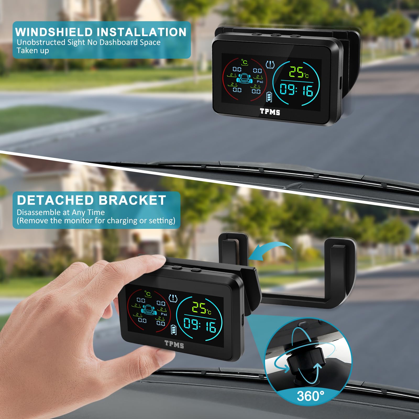 KAOLALI TPMS Sistema di monitoraggio della pressione degli pneumatici, visualizzazione dell'ora e della temperatura TPMS, ricarica solare e funzione di ricarica USB, con 4 sensori esterni di pressione