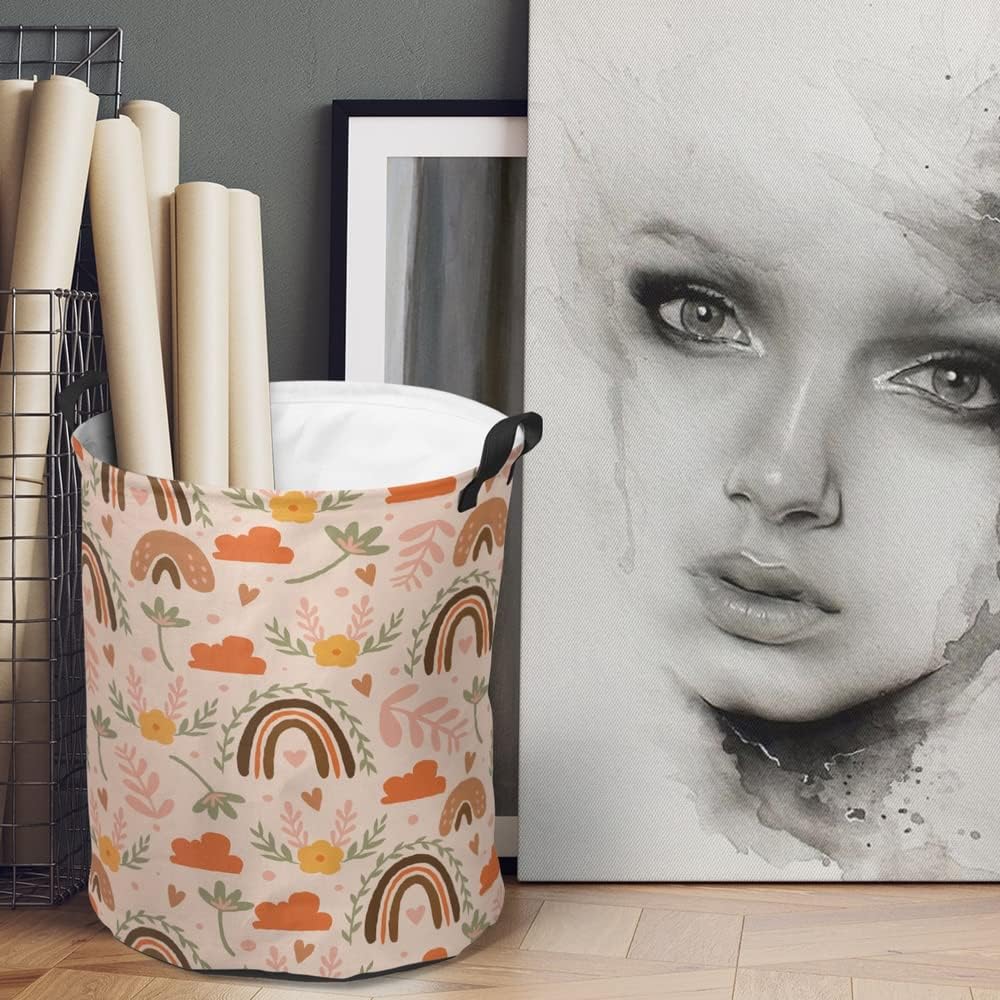 Pink Boho Mid Century Laundry Basket Freestanding Laundry Hamper Abstract Rainbow Flower Leaf Cute Nursery Room Decor Clothes Toys Hamper Storage Baby Laundry Basket Waterpoof 19.7"x15.7"