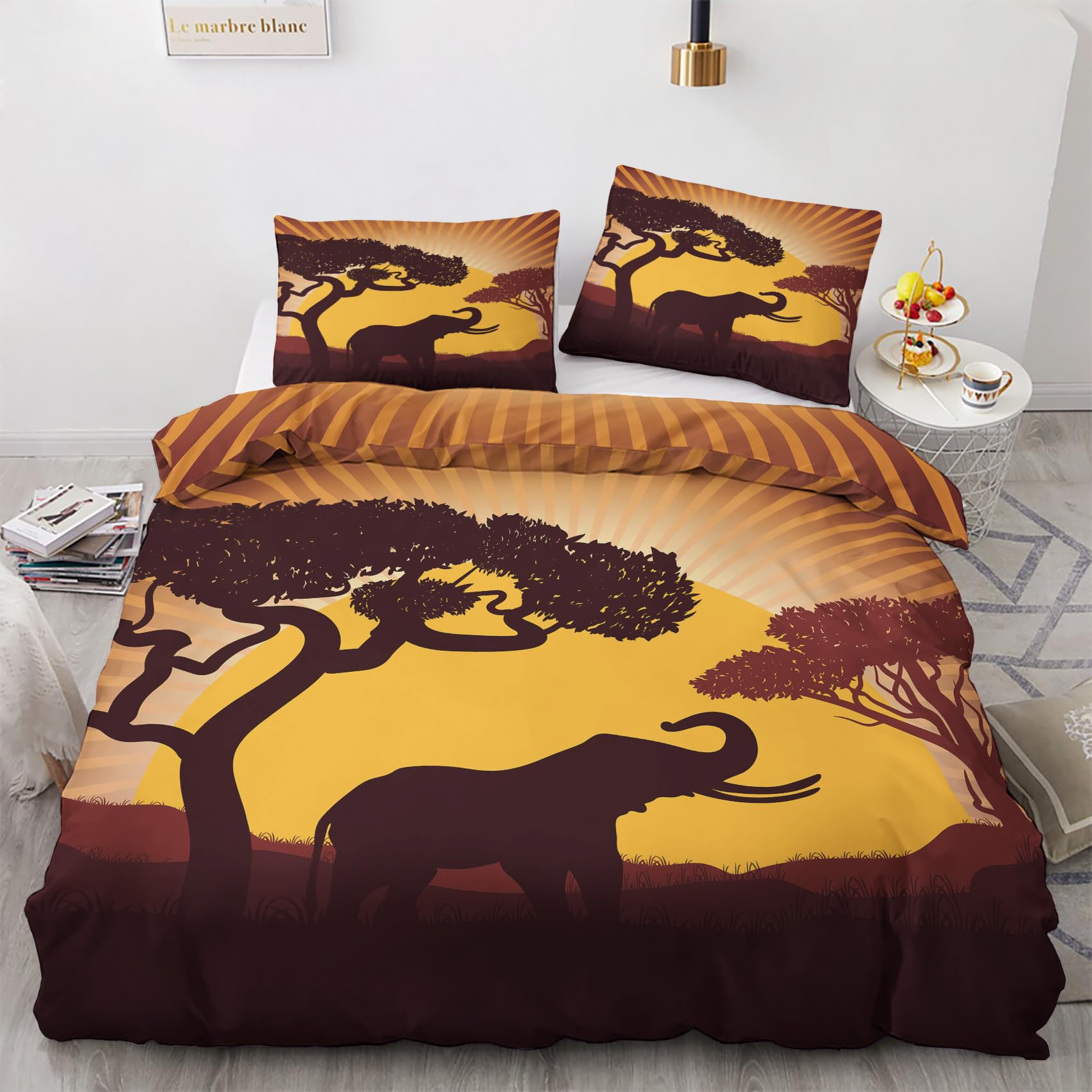 Nogawa Multicolor African Elephant Bedding Double - Wildlife Double Duvet Set - Reversible Quilt Cover & 2 Pillowcases With Zip And Ties, Ultra Soft And Non Iron Brushed Microfibre Bed Set