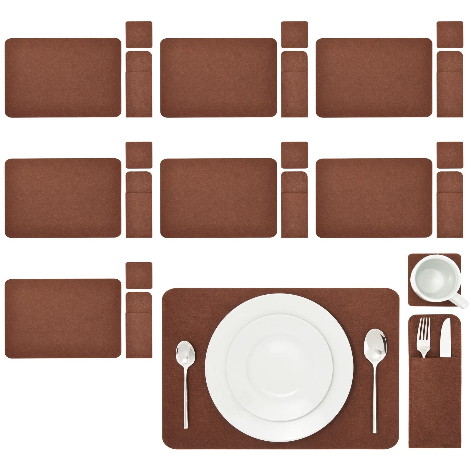 Juvale Felt Table Placemats Set of 8 for Dining Table and Kitchen Decor with Drink Coasters and Cutlery Pouches (Coffee Brown, 24 Pieces)