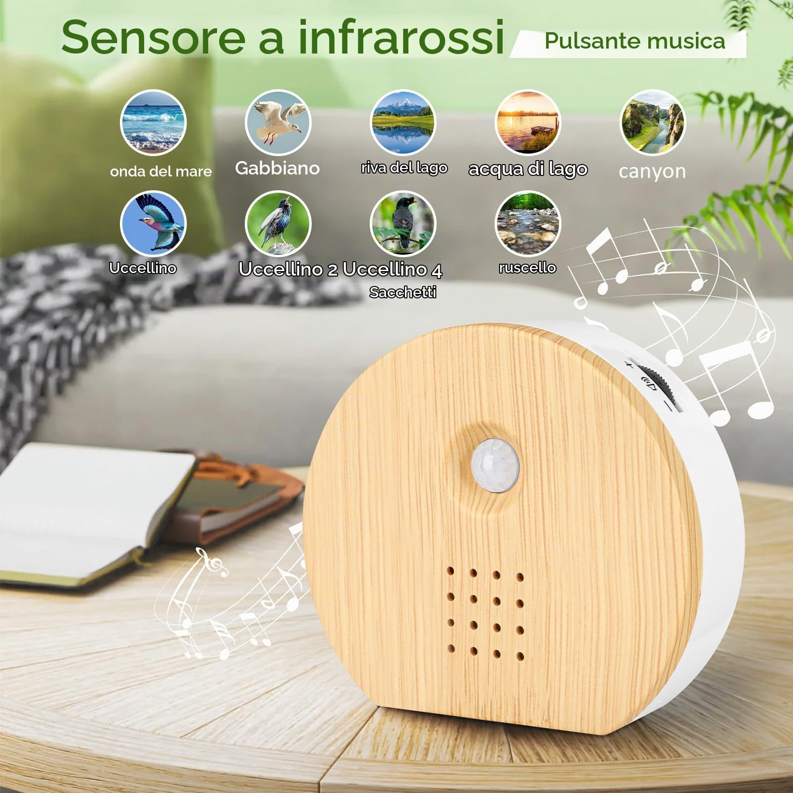 Scatola con sensore di movimento per uccelli, Scatola per cinguettio degli uccelli, Scatola per suoni naturali con varie voci di uccelli rilassanti e foreste, suoni naturali marini (wooden color)