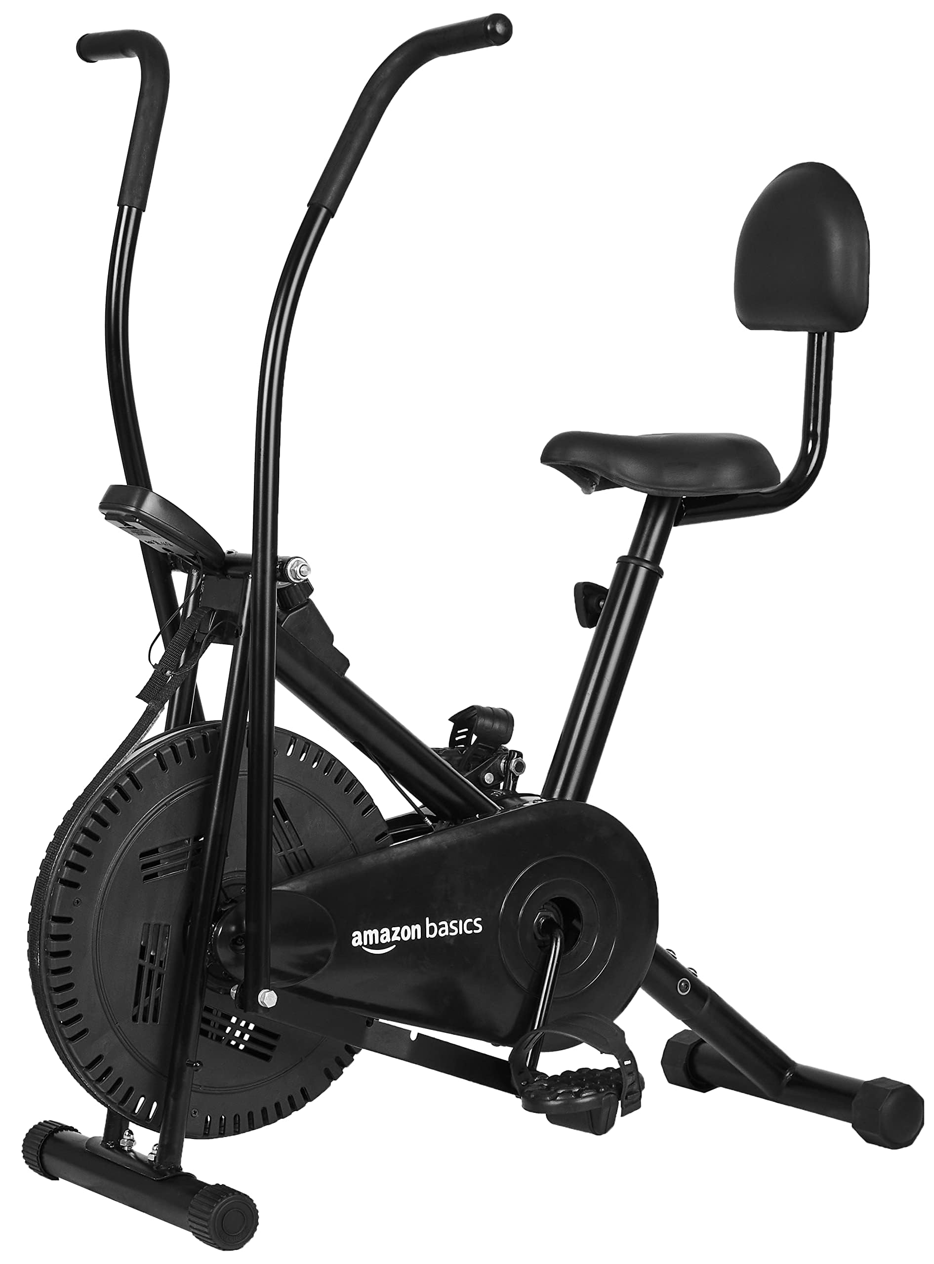 amazon basics air bike exercise cycle with moving or stationary handles, adjustable cushioned seat & back support, max user weight 100 kg, multi-coloured
