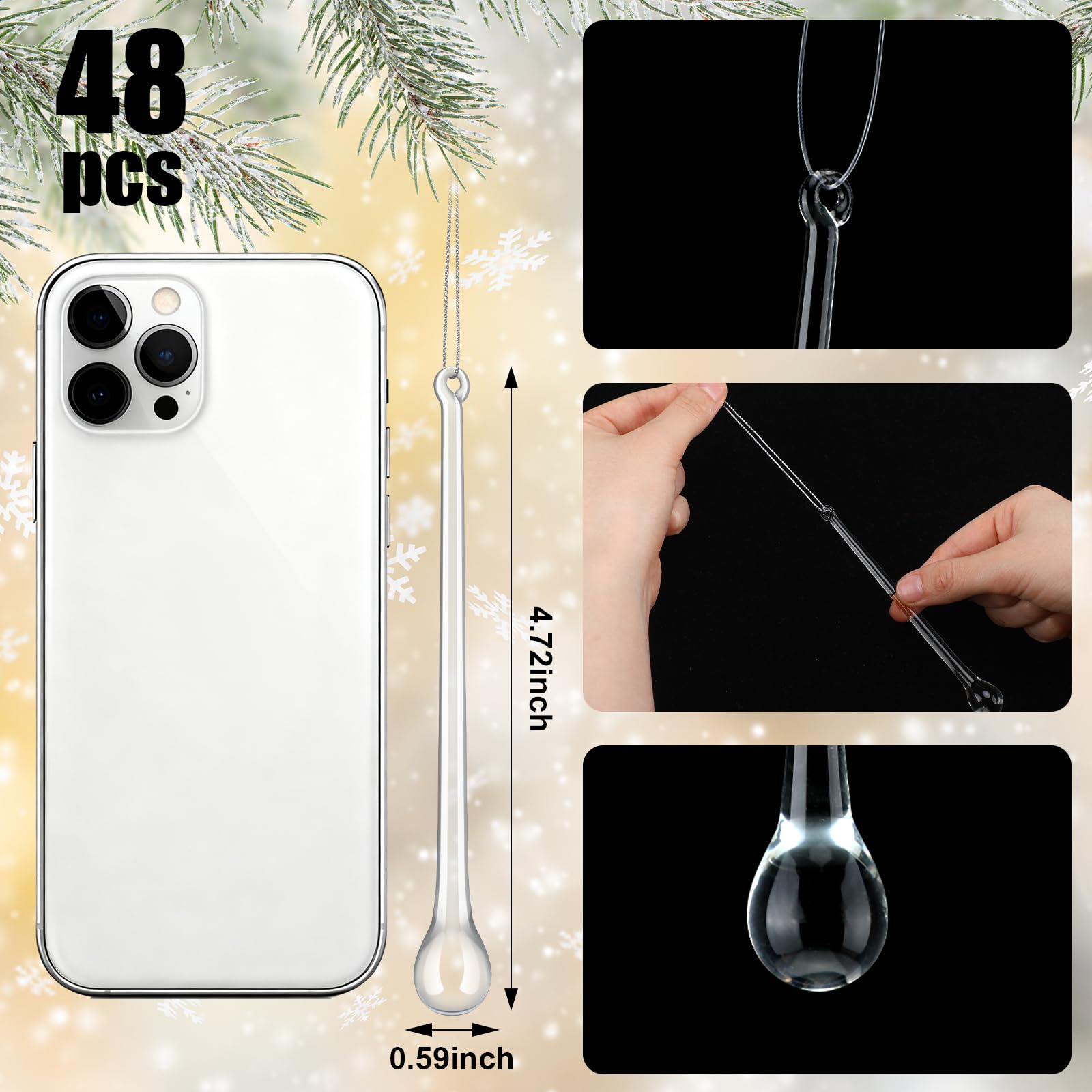 Glas-Eiszapfen, Weihnachtsschmuck, 12,9 x 1,5 cm, extra lang, transparent, Tropfenform, Weihnachts-Kronleuchter, Ornamente, Kristall-Hängeornamente, Glas-Regentropfen für