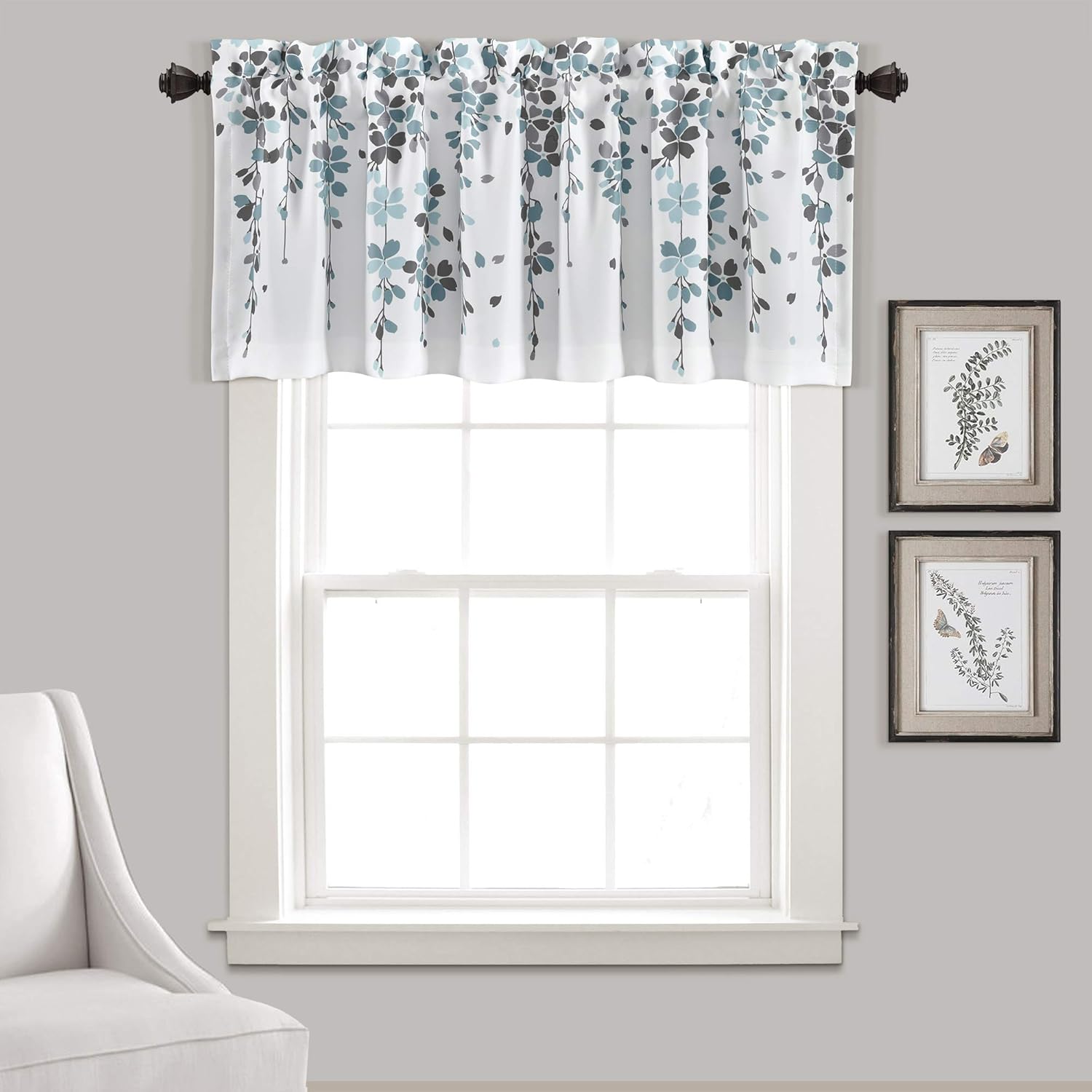 Blue and Gray Floral Light Filtering Window Valance