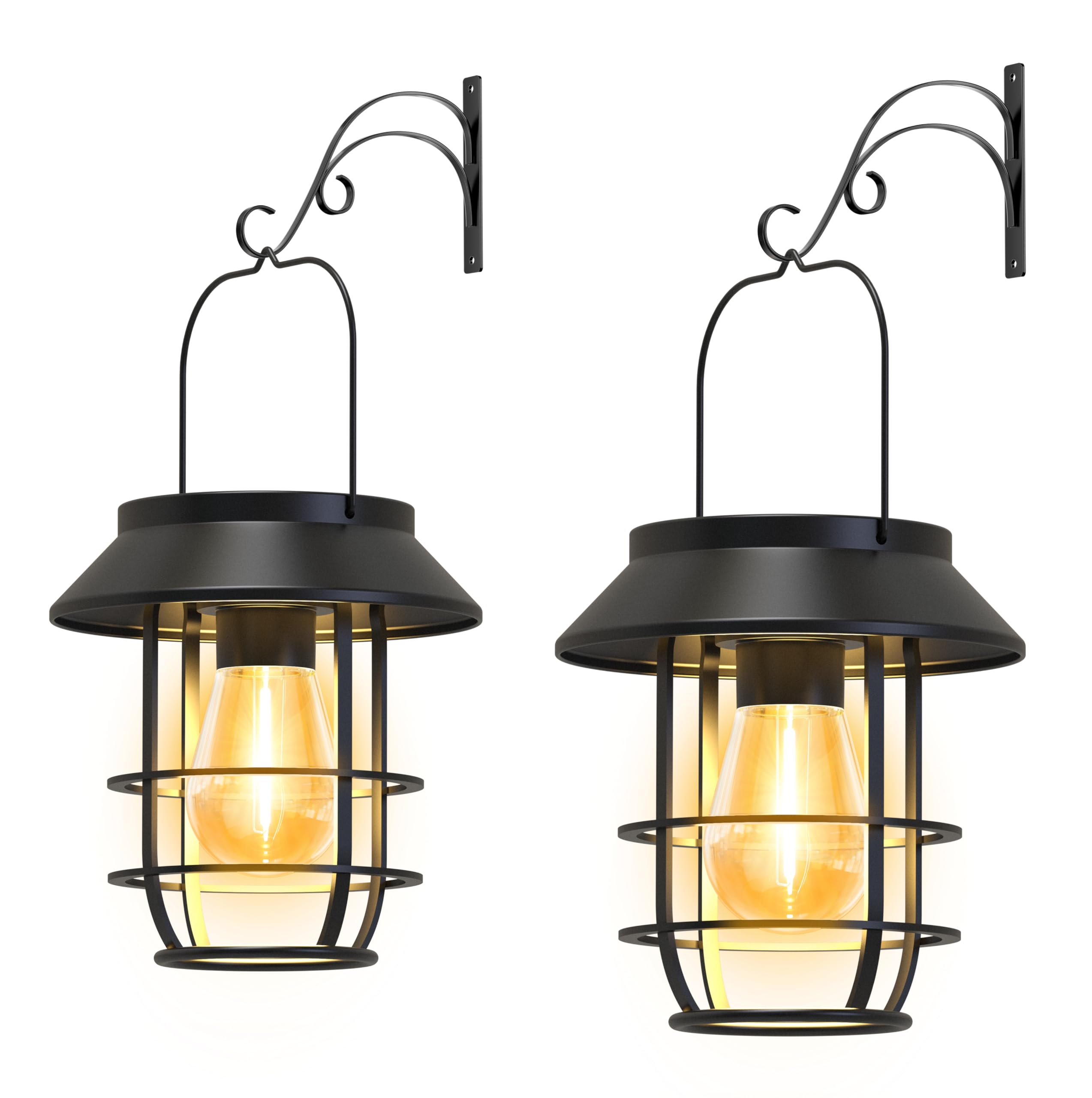 Lot de 2 lanternes solaires d'extérieur étanches à haute luminosité à suspendre avec crochets muraux, décoration d'Halloween, lanternes d'extérieur rétro en métal, marche/arrêt automatique pour