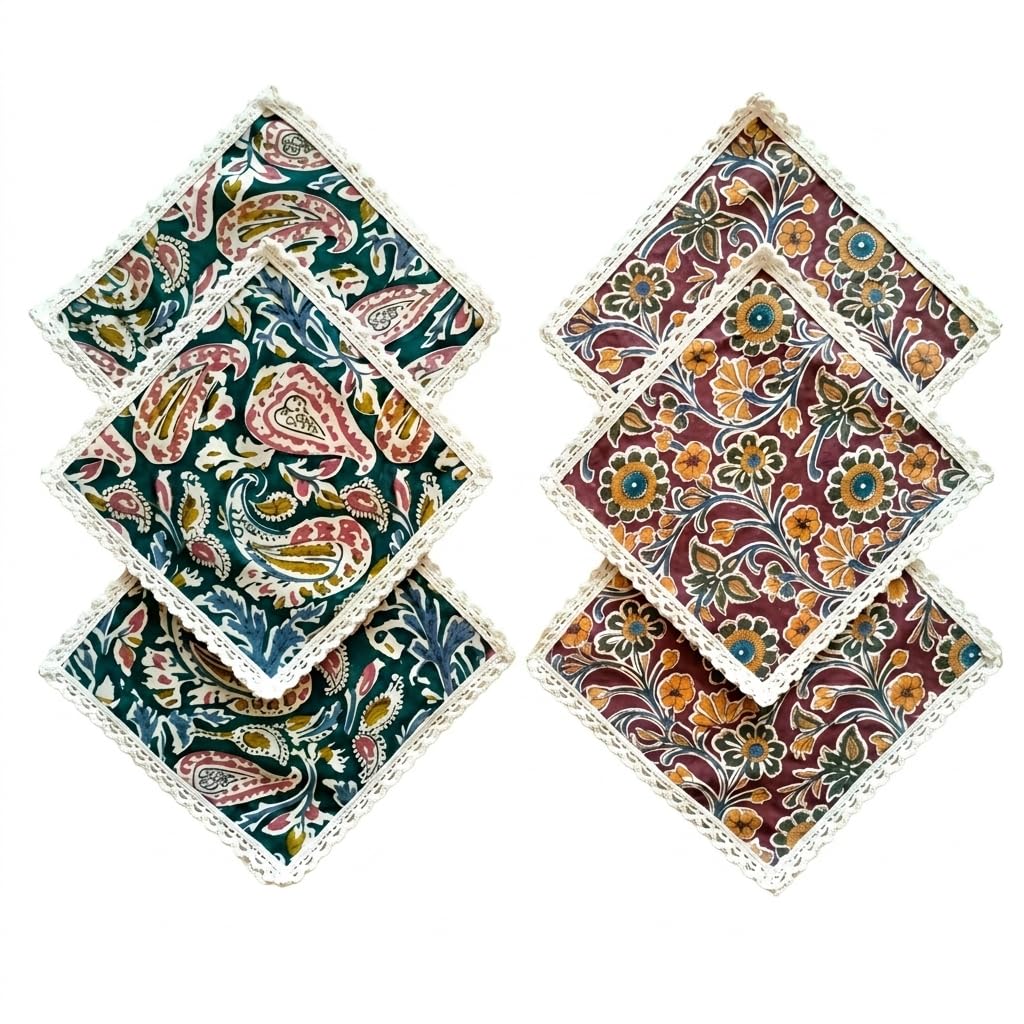 grotiny Bagru Block Print Handkerchiefs Pack of 6 | Cotton Hanky Set with Crochet Lace Border | Soft Reusable Pocket Squares for Men Women | Ethnic Printed Cloth Handkerchief Combo-picture-49