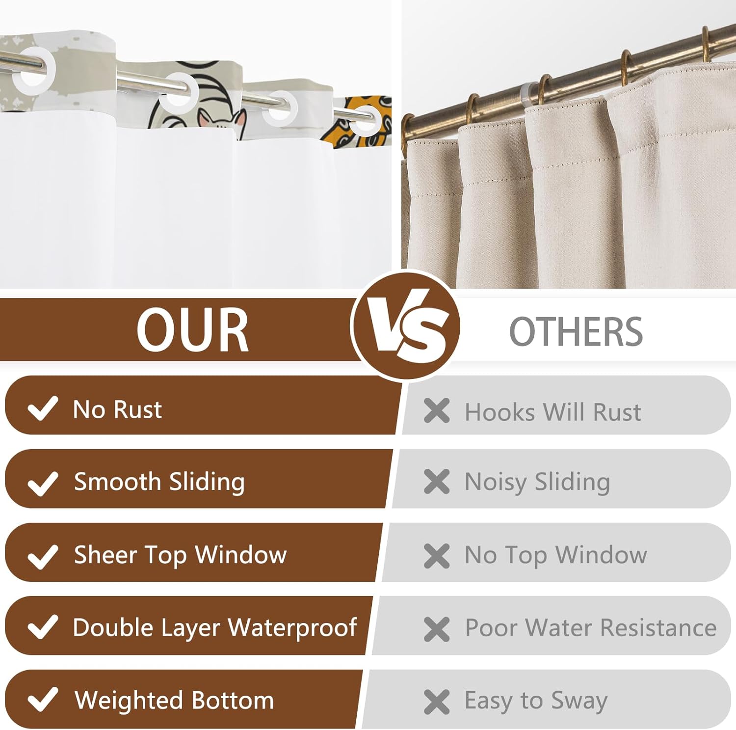 No Hook Shower Curtain and Liner Set, Cute Cat Design Shower Curtains for Bathroom, Double Layers Waterproof Fabric Farmhouse Shower Curtains with Sheer Top Window and Weighted Hem, 71x74 Inches