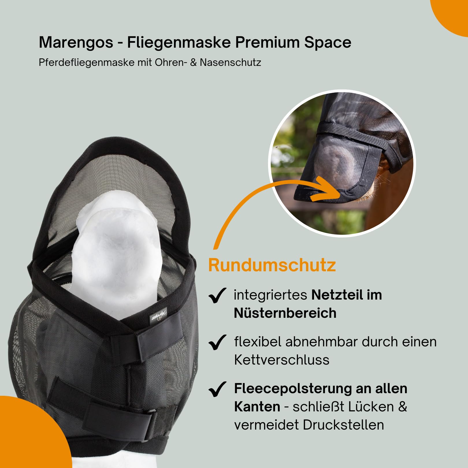 Marengos - Fliegenmaske mit Ohren- & Nasenschutz Premium Space | Pferdefliegenmaske in Schwarz | mit Elastikeinsätzen & Klettverschluss | extra Freiraum für die Augen | Pferde Zubehör Vollblut