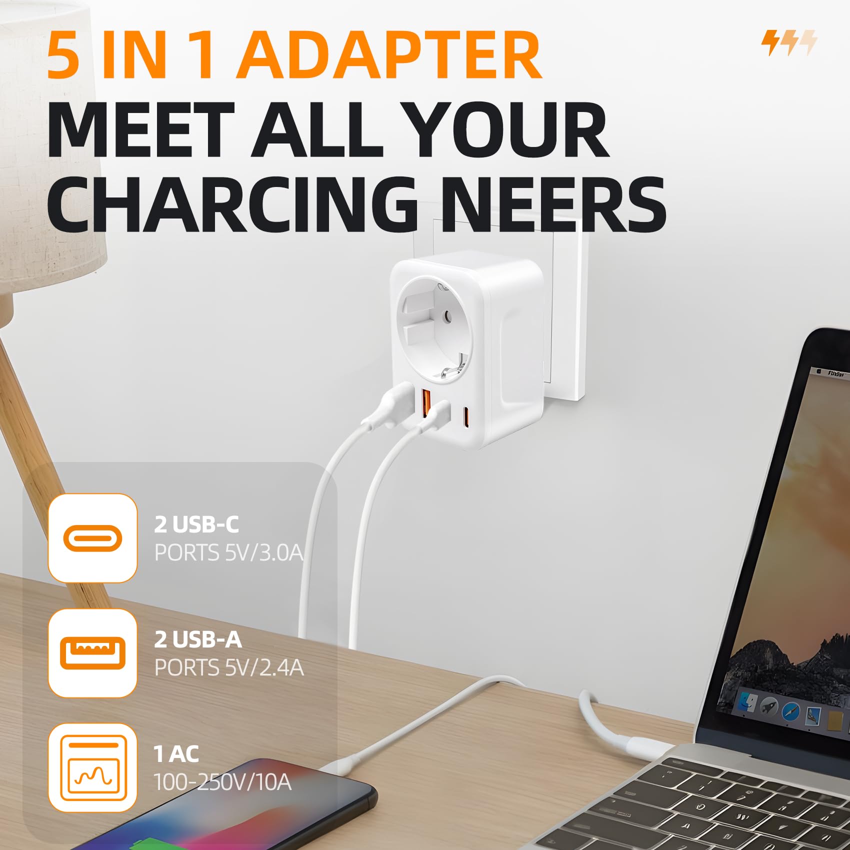 Adaptateur Prise Italien avec 1 Prise CA, 2 Ports USB-A et 2 Ports USB-C (3,4 A) Adaptateur de Prise de Voyage de Type L FR vers IT pour l'Uruguay, Le Chili, l'Éthiopie, l'Italie, la Libye, la Syrie