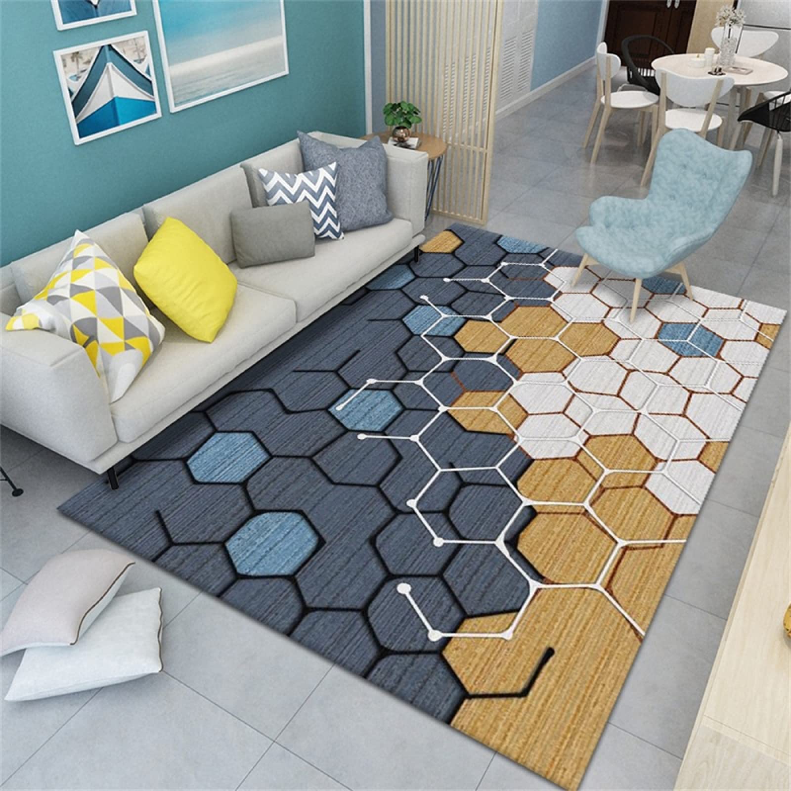 Tapis de terrasse extérieur et salon moderne avec motifs carreaux de ciment colorés