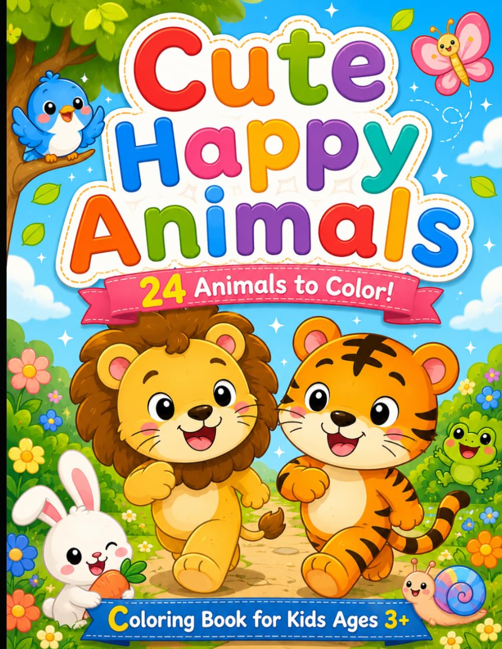Cute Happy Animals Coloring Book: 24 Heartwarming and Adorable Moments with Happy Animals