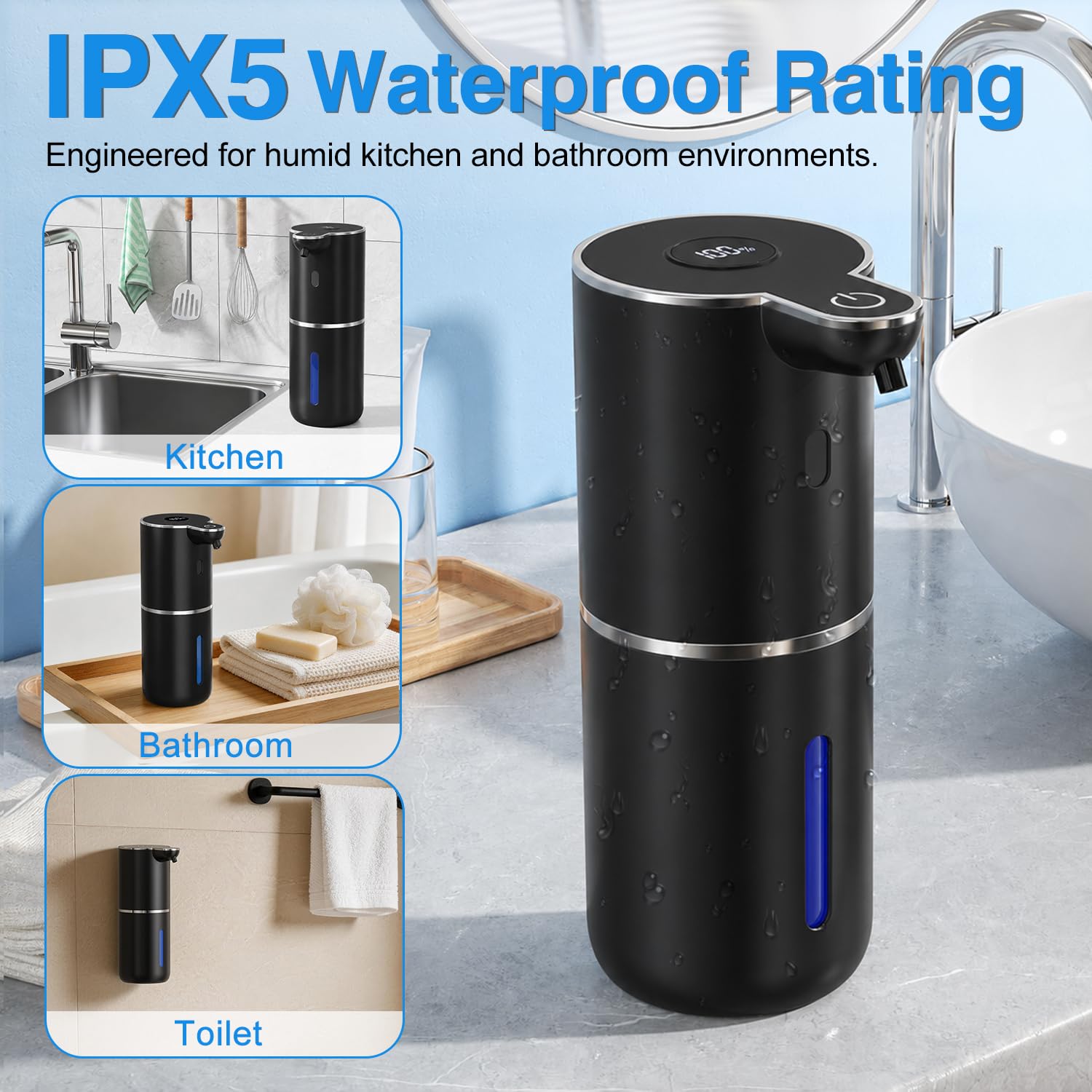 Fachixy Automatischer Seifenspender mit Digitalanzeige, wiederaufladbar, berührungsloser Seifenspender, 6 einstellbare Stufen, 380 ml, IPX5 wasserdichter Flüssigseifenspender für Badezimmer, Küche