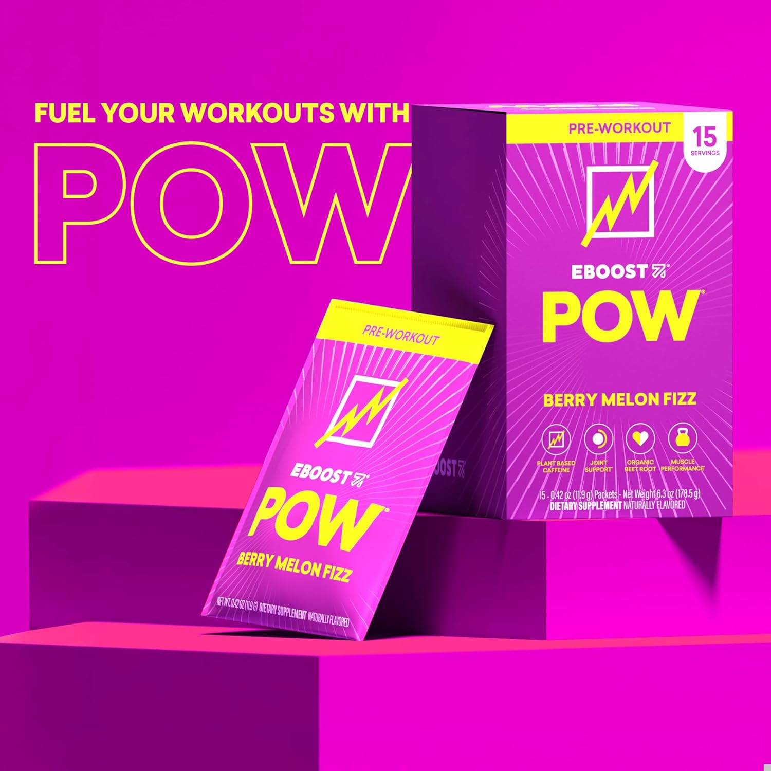 EBOOST POW Natural Pre Workout Powder - 15 Packets, Berry Melon Fizz - Preworkout Energy Booster Gym Supplement Drink Mix for Men and Women - Performance, Joint Mobility Support - Gluten-Free - Image 8