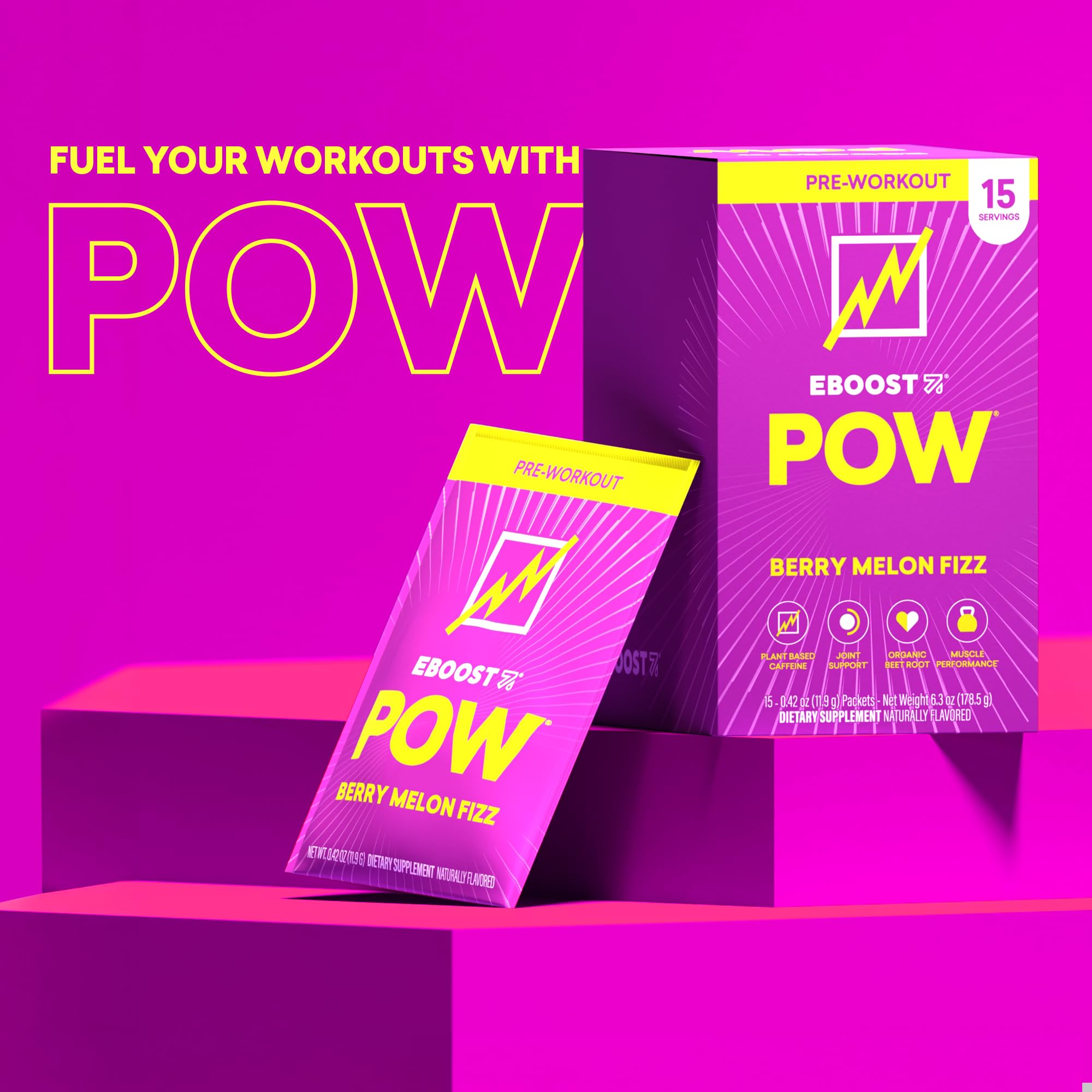 EBOOST POW Natural Pre Workout Powder - 15 Packets, Berry Melon